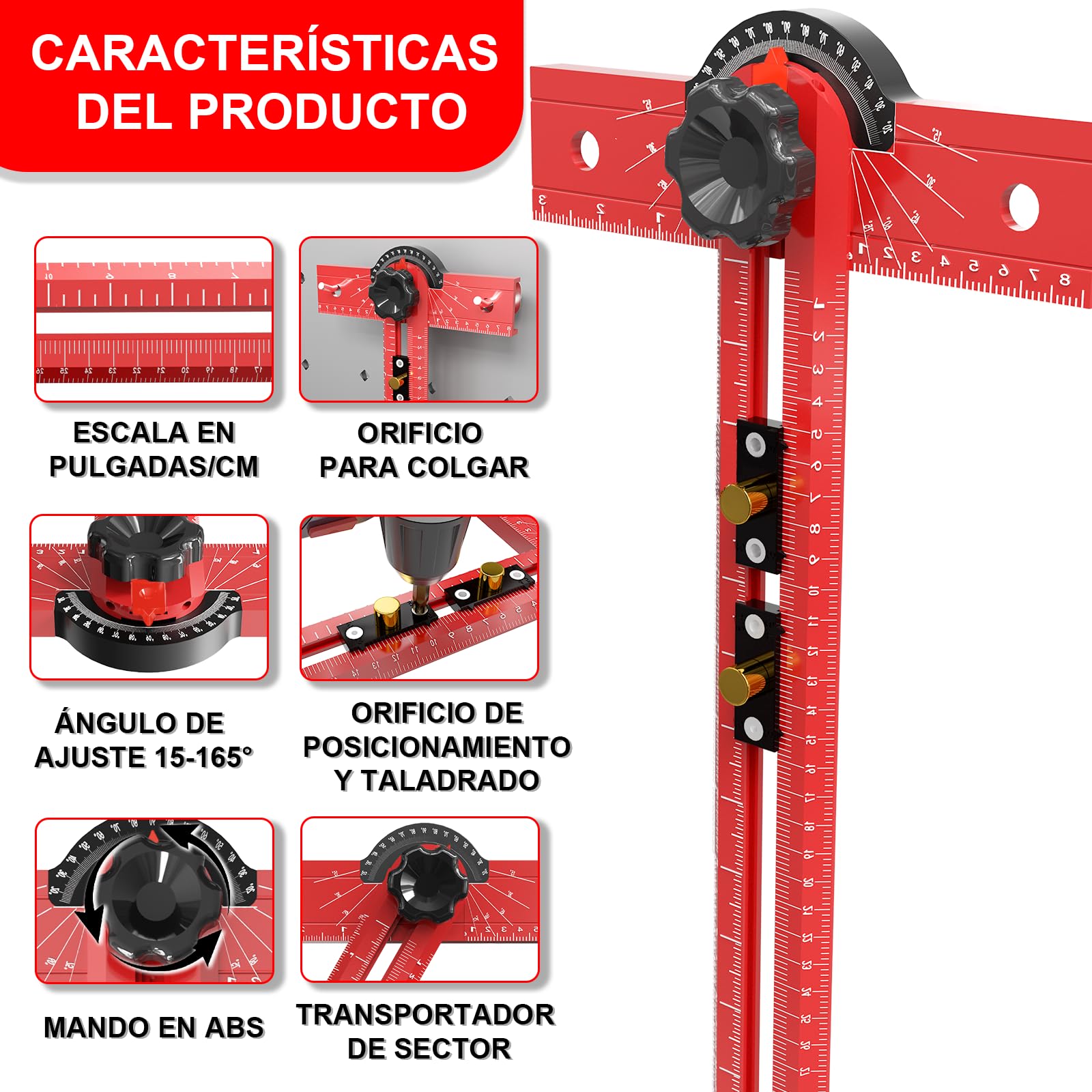 Escuadra en T de Carpintería de 74cm Herramienta de Medición con Ángulo Ajustable 15-165°, Cuerpo de Aleación de Aluminio, Guía de Taladro de Precisión para Carpintería, Dibujo Técnico