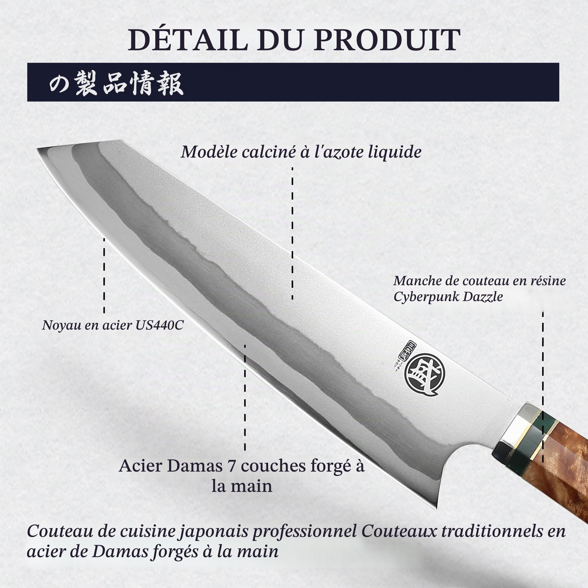 MITSUMOTO SAKARI 21CM Couteaux de Cuisine Professionnels, Couteau Japonais en Damas à 7 Couches, Couteau Cuisine Kiritsuke Forgié à la Main (Manche en Grenade Rouge et Boutique Boîte en bois)