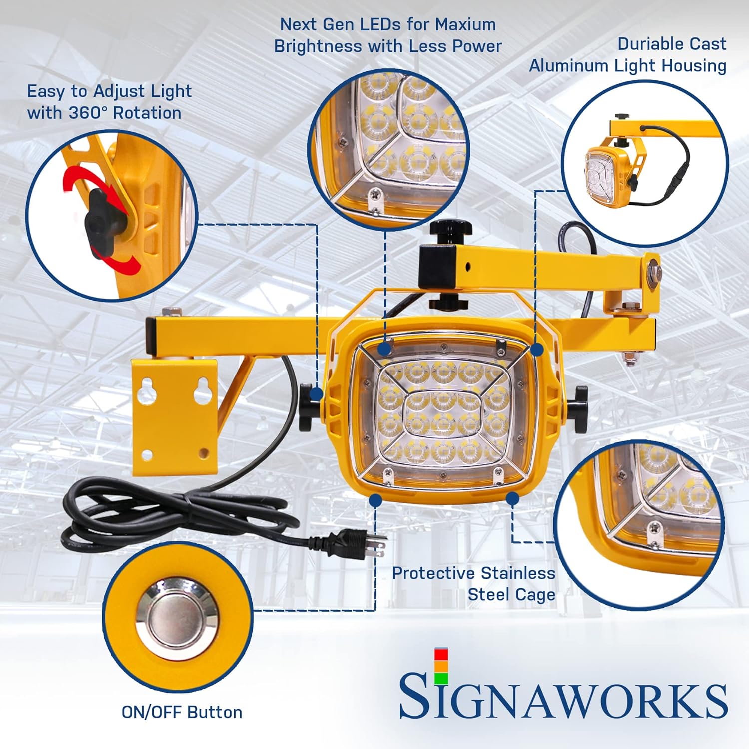 Signaworks LED Loading Dock Bay Swing Arm Light 2 Pack (50W, 5500LM), Brighten Trailers & Shipping Trailers, Industrial Aluminum Housing, 5ft Power Cord