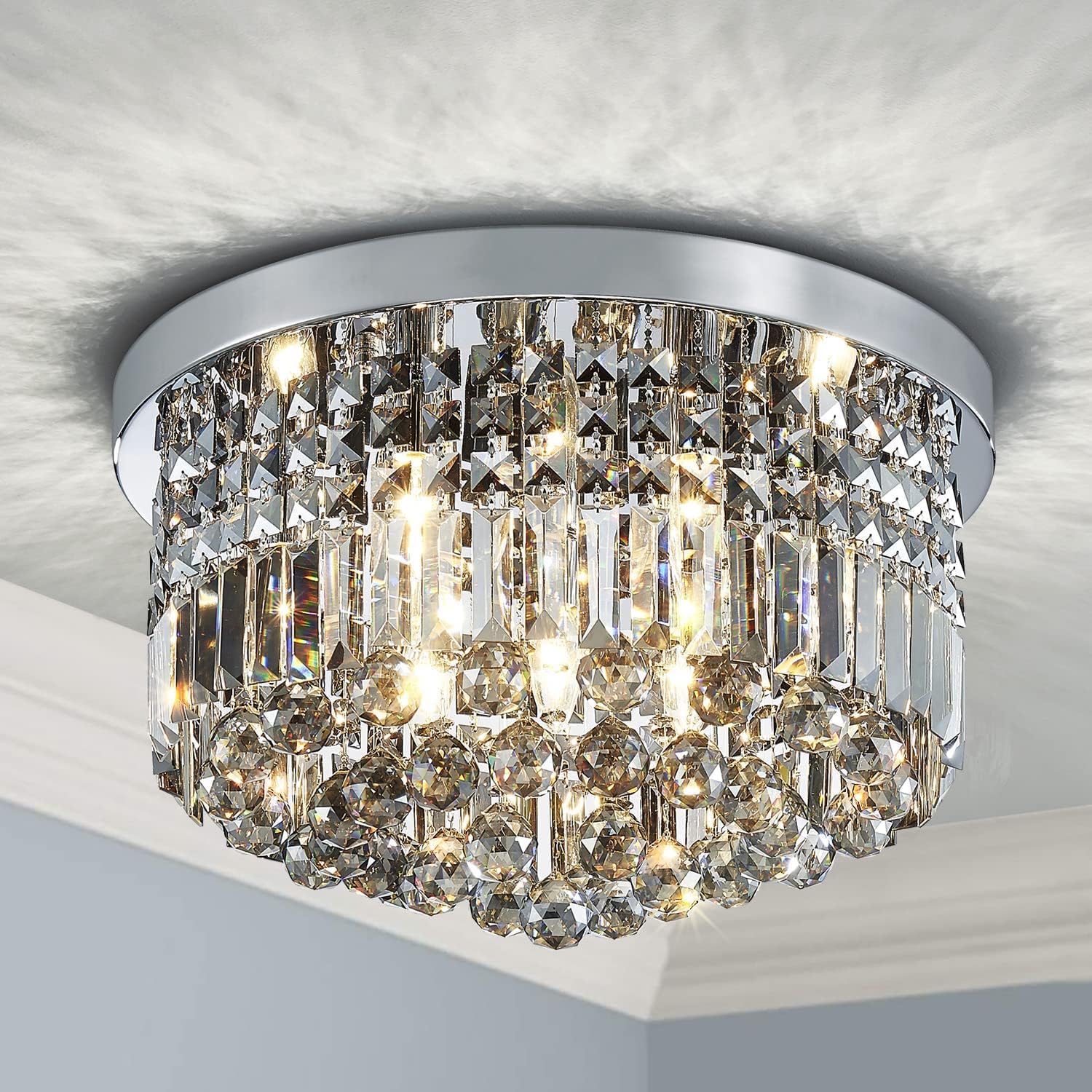 Saint Mossi 22003 nowoczesny kryształowy żyrandol krople deszczu, wpuszczana lampa sufitowa do przestrzeni życiowej, H28 X D51cm, 9 gniazd E14, kryształowy klosz z chromowaną ramą.