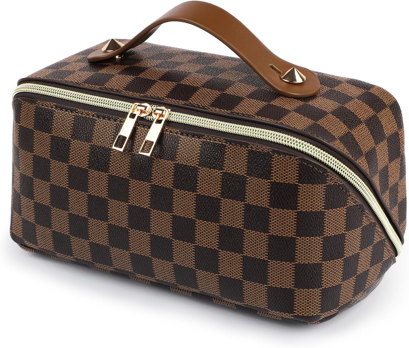 Leather Travel Makeup Bag, Large Capacity Cosmetic Bag for Women, Waterproof Portable Pouch with Divider, Toiletry Organizer with Handle, 10.5x5x5 Inches, Deep Brown