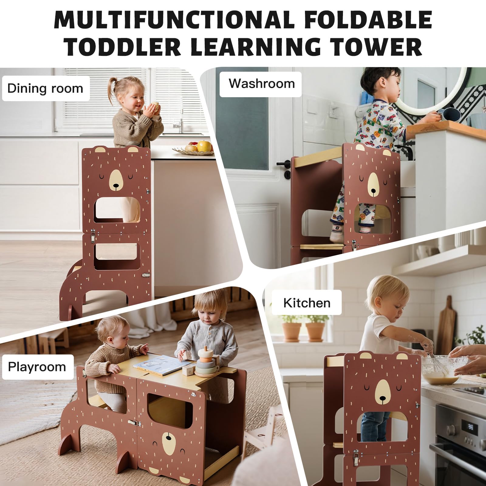Labebe Torre Montessoriana Pieghevole in Legno Grandi Dimensioni 3 in 1 con Lavagna Orso Bruno