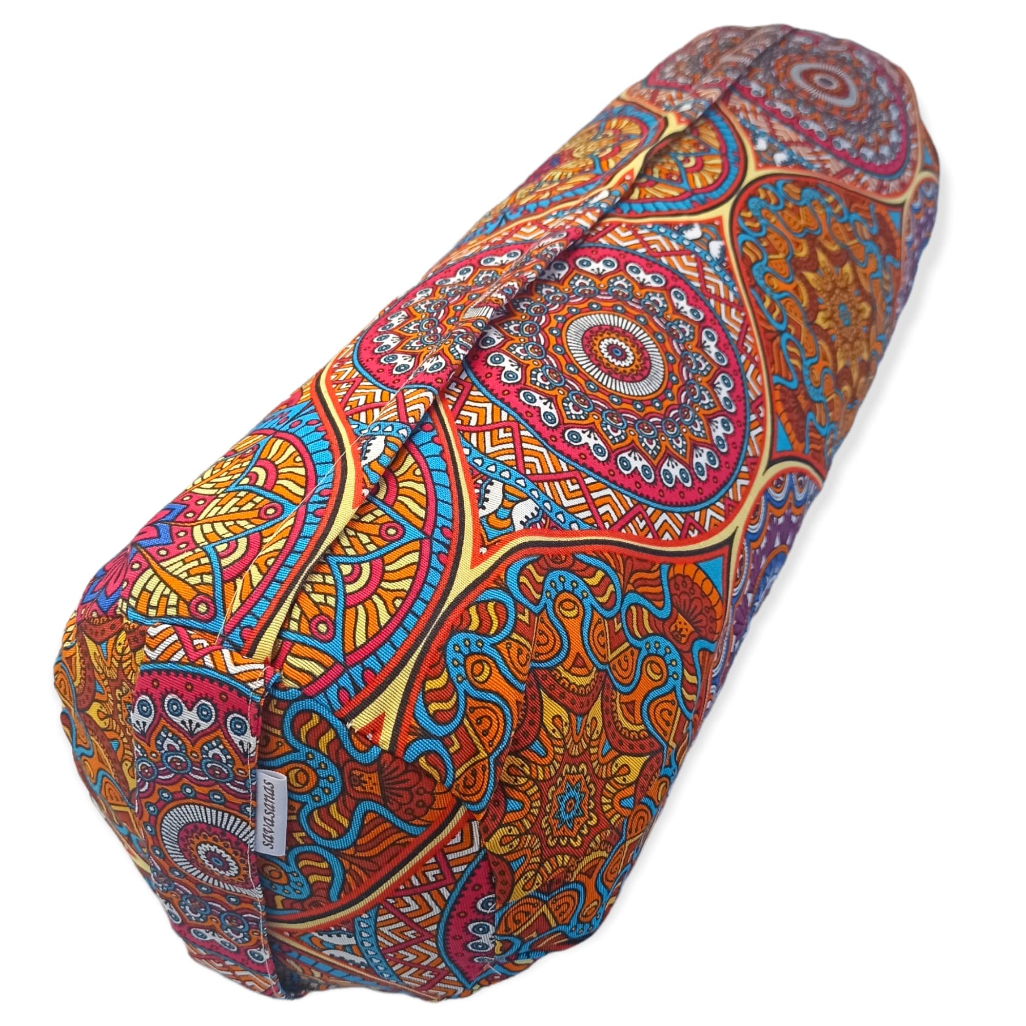 Bolster Yoga Mandalas Persa – Cojin Yoga - Yoga Accesorios - Funda extraíble y Lavable - Relleno de cáscara espelta ecológica - Asa de Transporte - 62x20cm