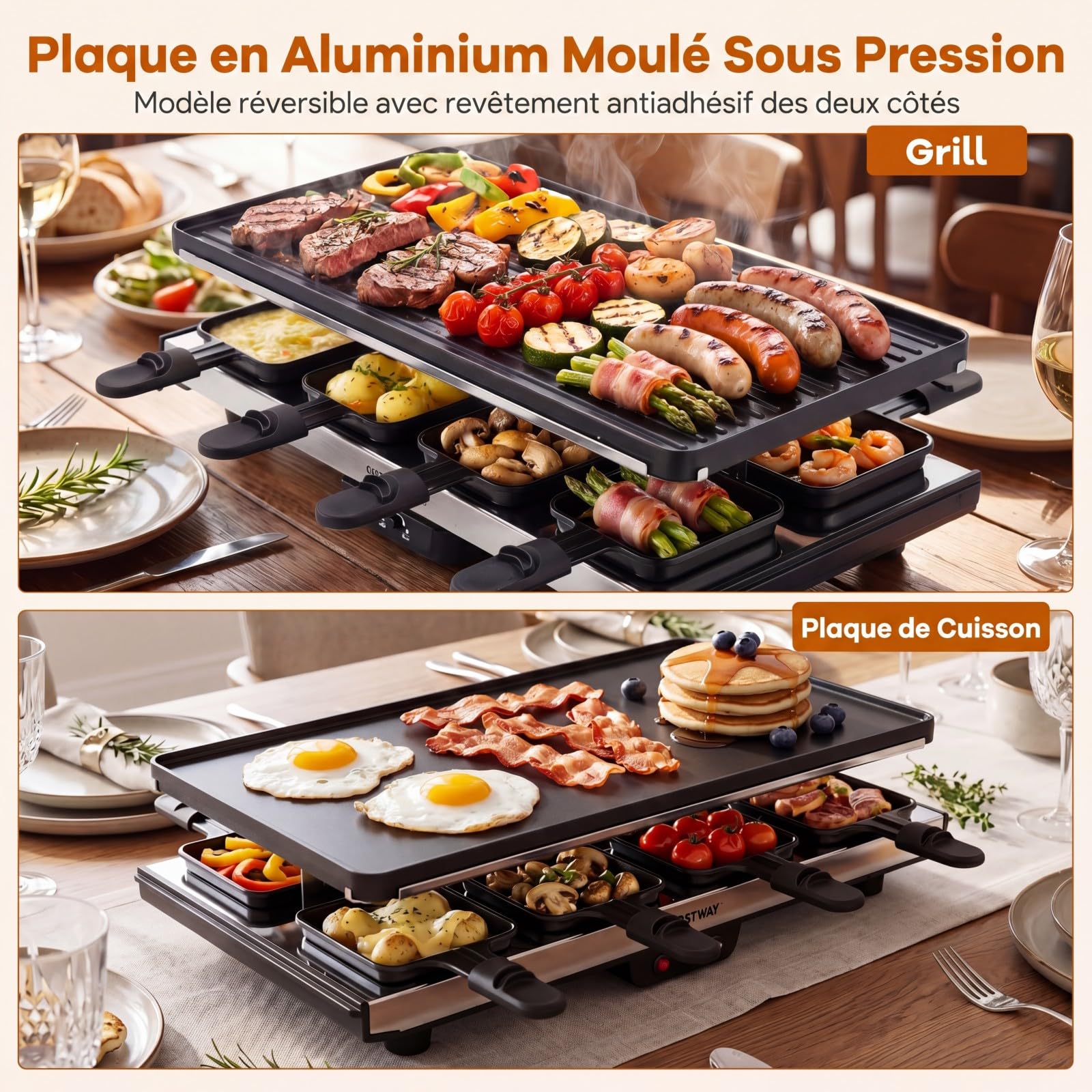 COSTWAY Grill à Raclette 1400w, Grill Électrique 2 en 1, 48 x 24 x 12 cm