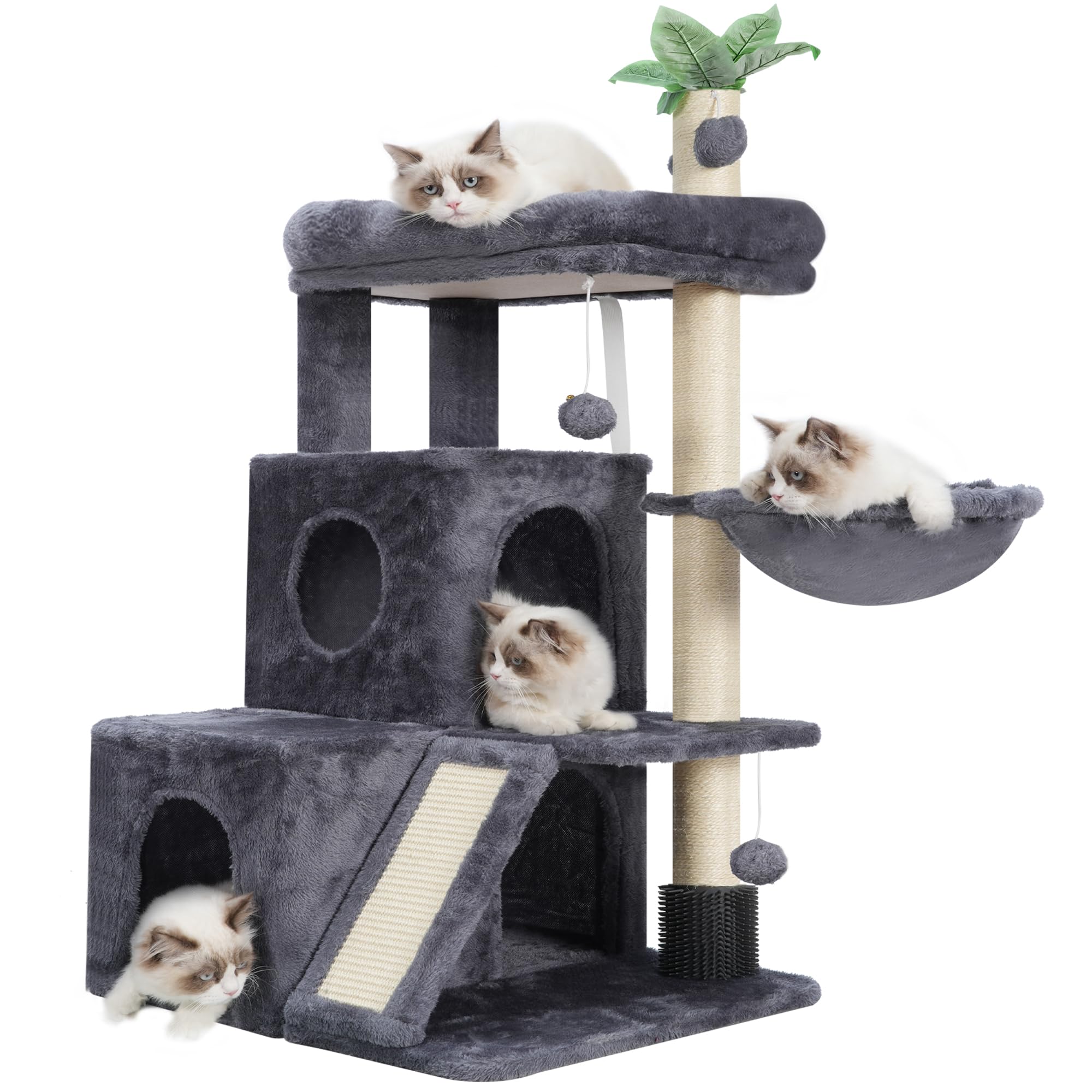 Gitelsnour Cat Tree, Heavy Duty Cat Tower for Indoor Cats, Large Bottom Cat Condo for Maine Coon with Self Groomer Brush, Big Padded Top Perch, Scratching Post, Hammock, Smoky Gray GCT012G