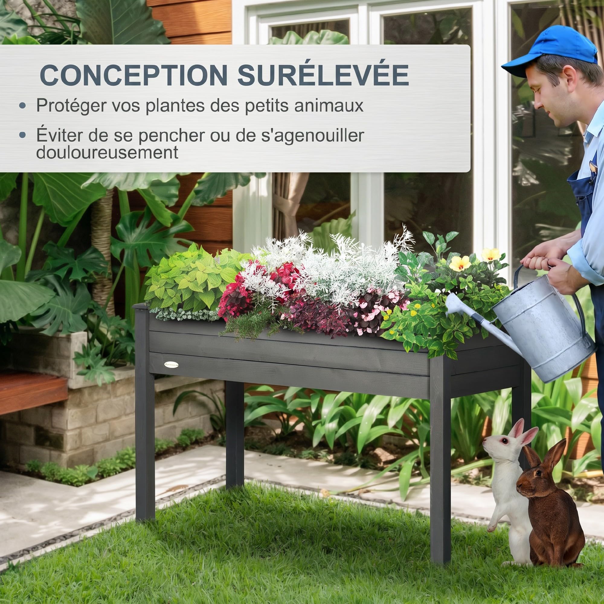 Outsunny Jardinière sur Pieds Potager avec Inserts d'Irrigation et Feutre de Drainage Inclus dim. 122L x 56l x 76H cm en Bois Massif de Sapin Gris