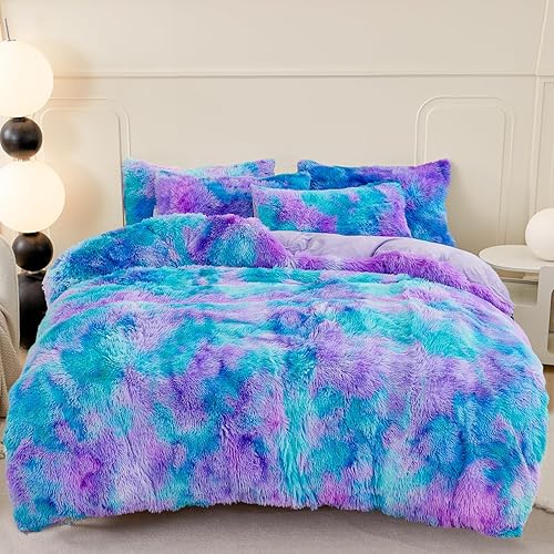 Miniatura 33 de SUCSES Faux Fur Duvet Cover Set Twin Size, Tie Dye Rainbow Plush Shaggy Girls Bedding Set, Soft Velvet Fluffy Fuzzy Ombre Comforter Cover Set