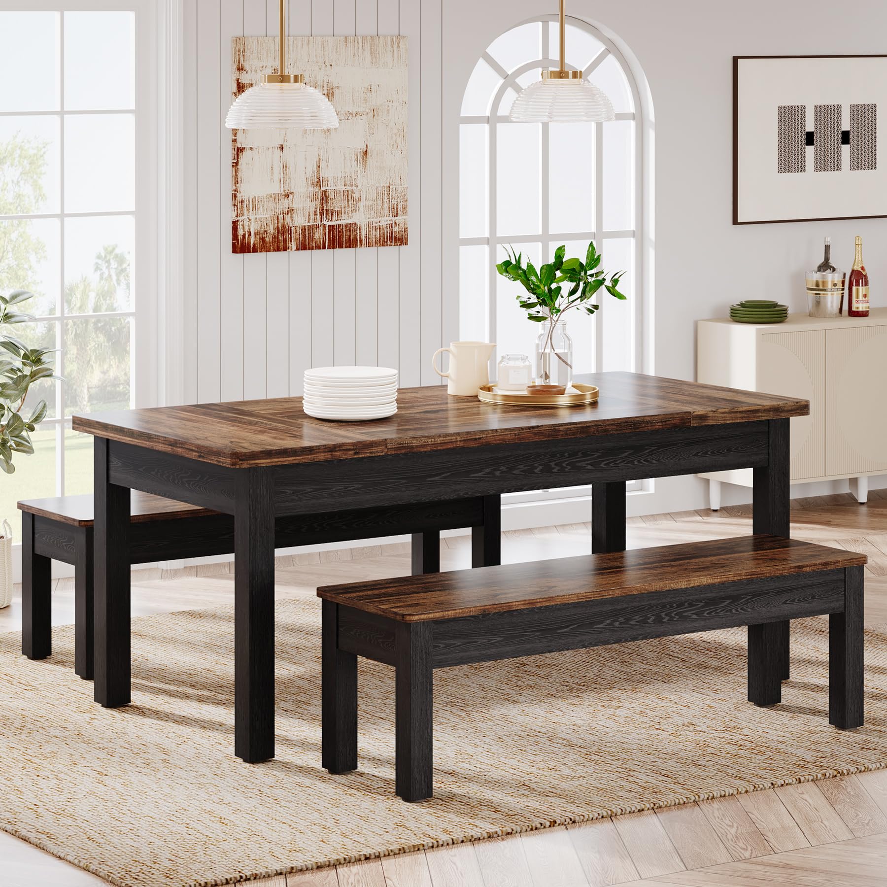Tribesigns 3-Piece Farmhouse Dining Table Set - 55-Inch Kitchen Table With 2 Benches For 4-6 People, Black