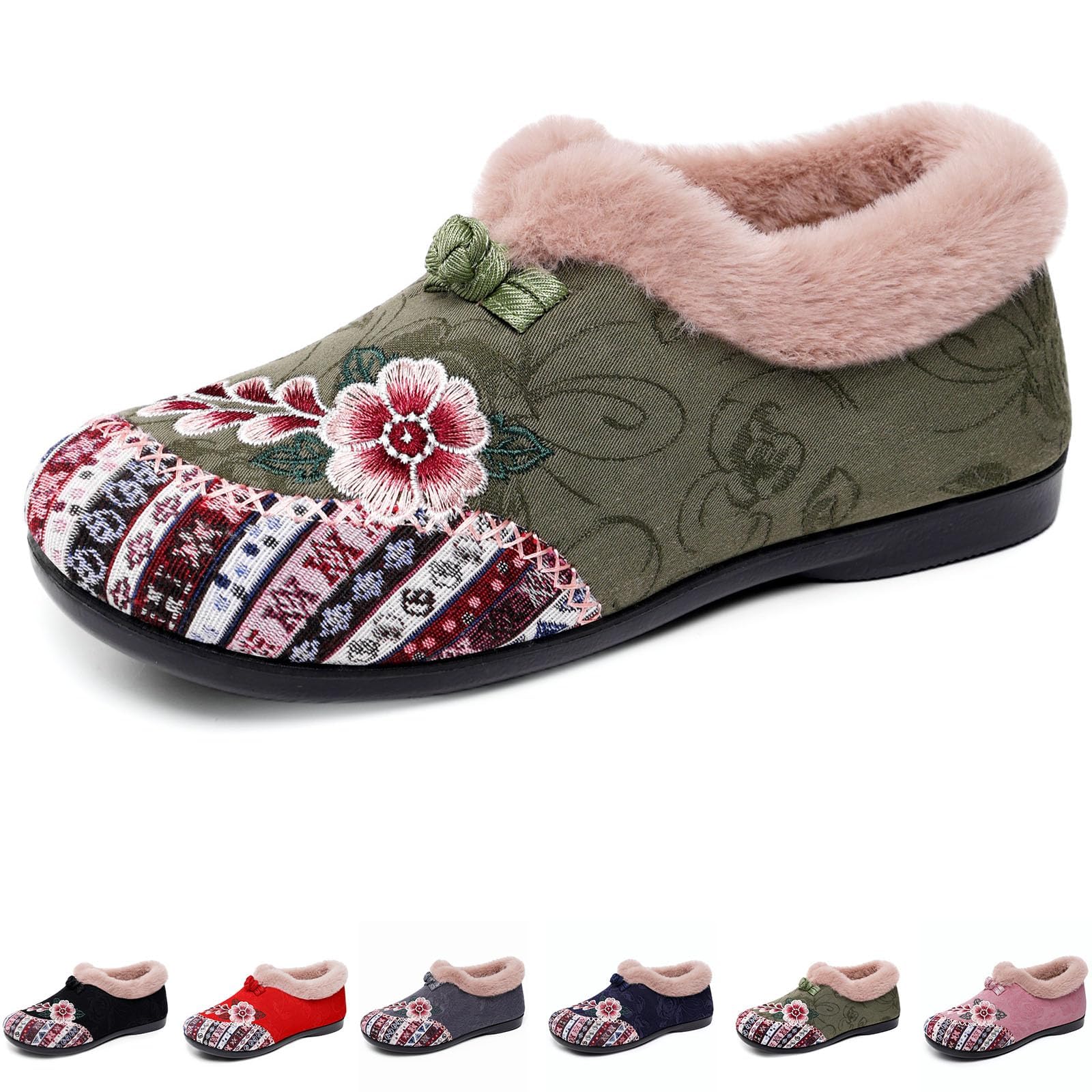 Womens Winter Ankle Boots Floral Embroidered Shoes Fur Lined Warm Plush Slip-On Booties Non-slip House Slipper Shoes Indoor