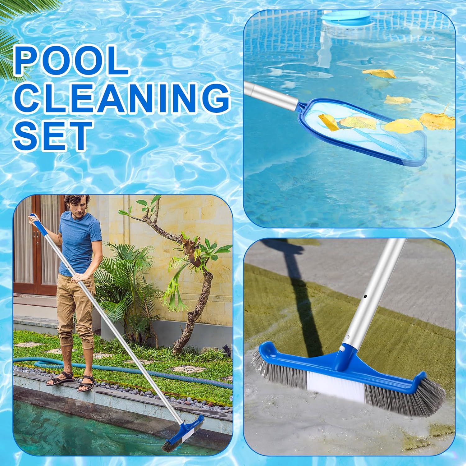 3 Pcs Pool Cleaning Kit with Hand Skimmer Net, 47.24" Aluminum Pole and 17.5" Long Pool Brush Maintenance Accessory Tool for Above Ground Inground Ponds Home Tubs Spa - Image 5