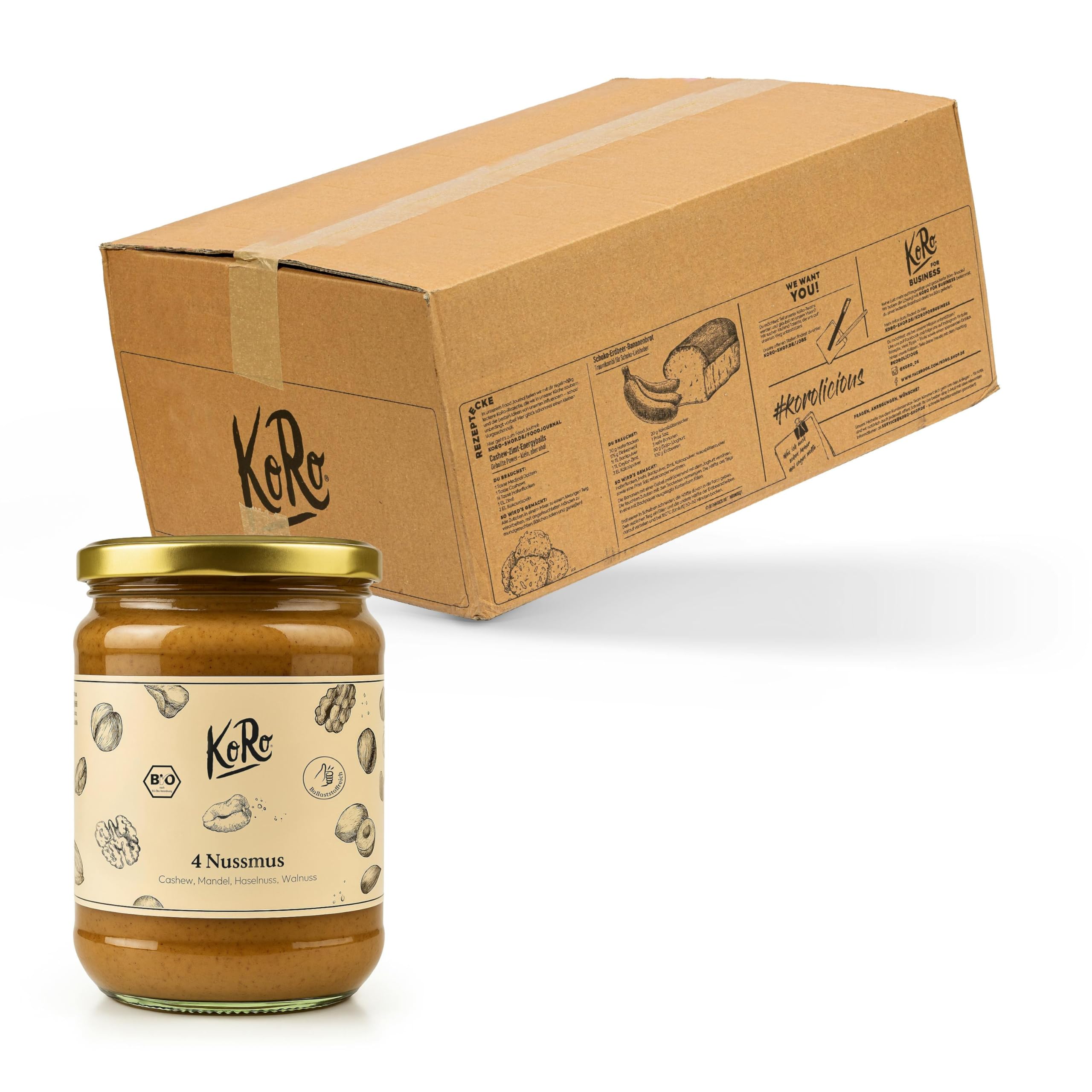 KoRo - Bio 4 Nussmus aus Cashew, Mandel, Haselnuss und Walnuss 6 x 500 g - Vegan - Ballaststoffreich - 100% Nuss - Ohne Zusätze