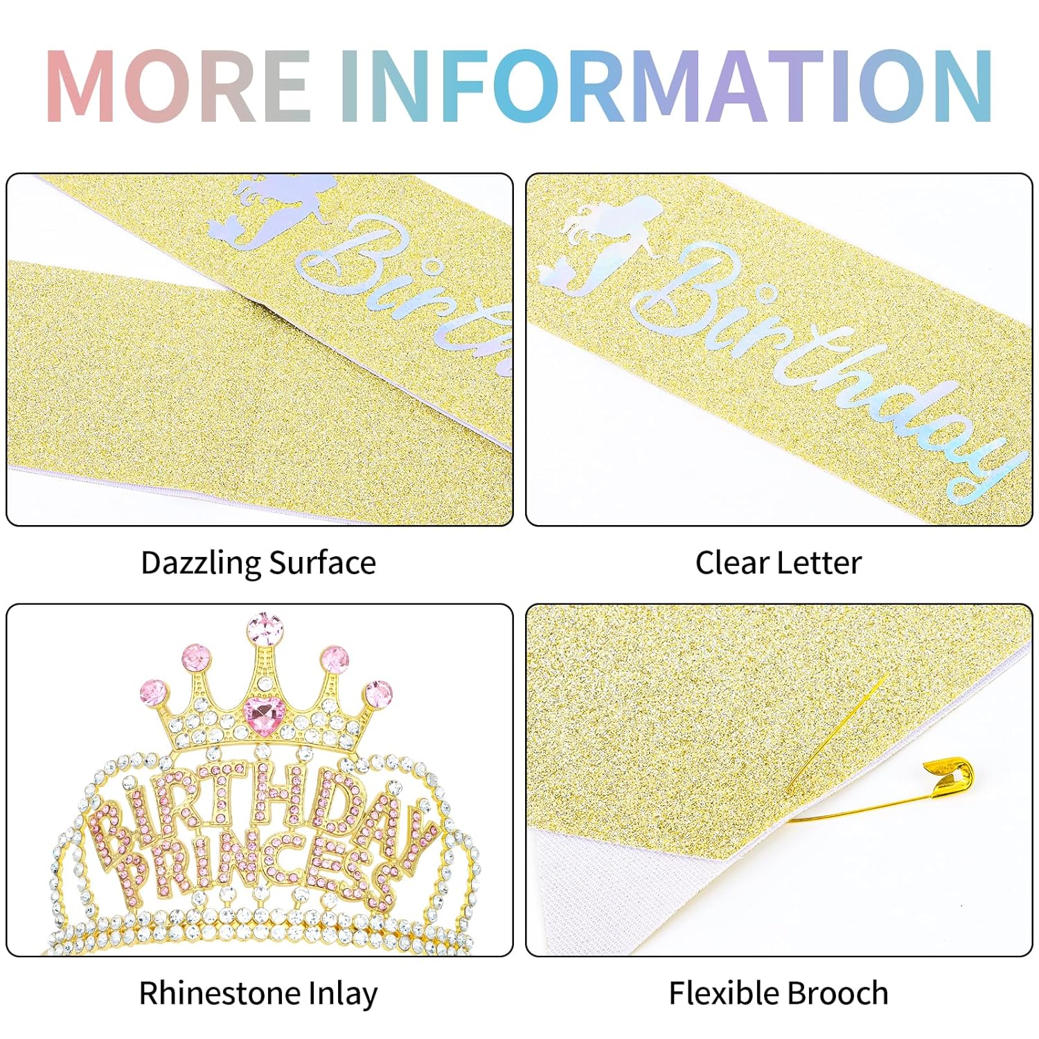 Birthday Crown and Sash for Women, Gold Birth Day Princess Crown Headband Sash, Girl Crown Tiara Birthday Decorations Gifts - Image 3