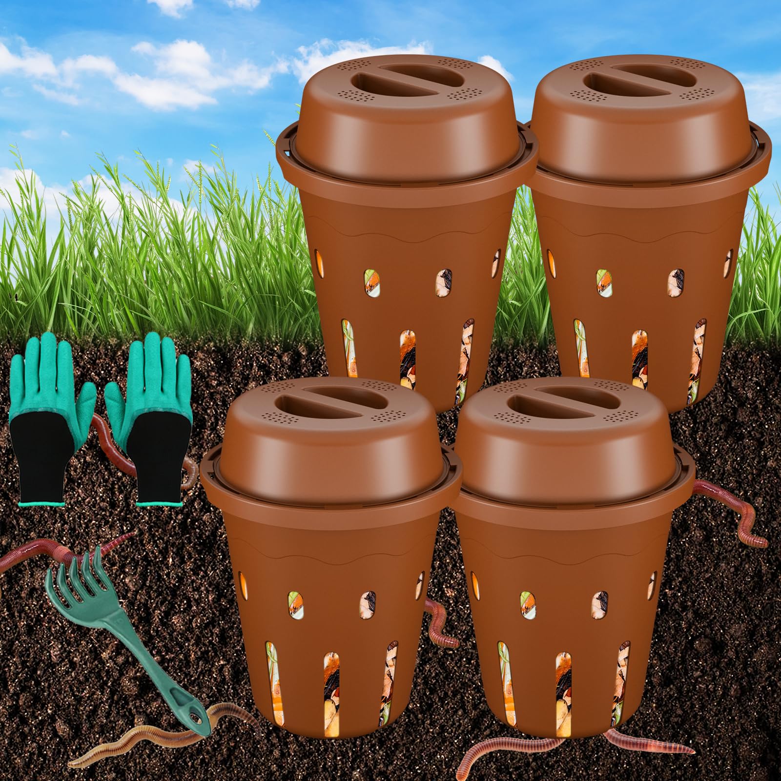 TOP XIAN 4-Pack Inground Worm Composter Tan