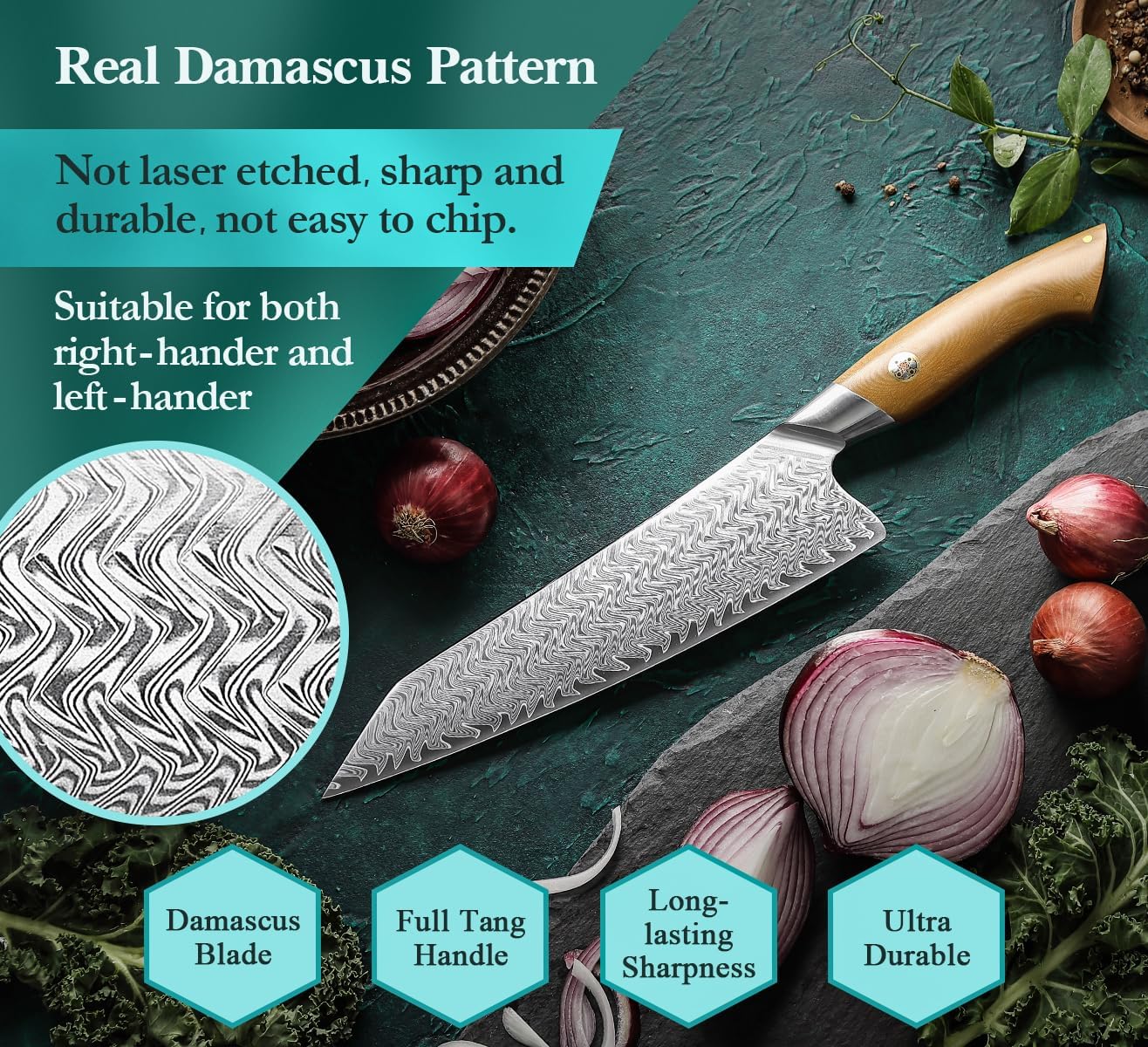 HEZHEN Damascus Chef Knife, 8.5 Inches, 67 Layers Damascus Steel, Professional Japanese Kitchen Knife for Chefs and Home Cooking, Ultra-sharp Blade with Linen Micarta Handle, Gift Packing