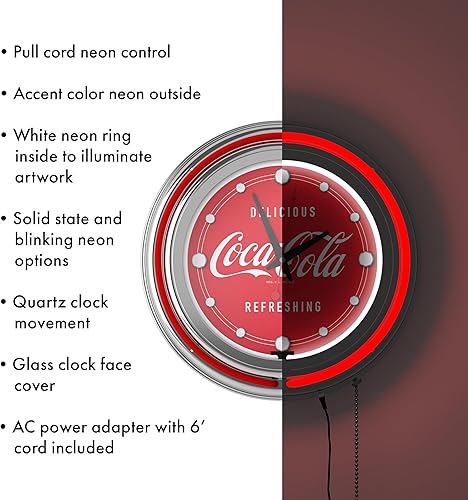 Miniatura 3 de Trademark Global Coca-Cola - Reloj de pared retro de neón, 14 pulgadas, enchufe decorativo o reloj analógico a pilas con cadena de tracción