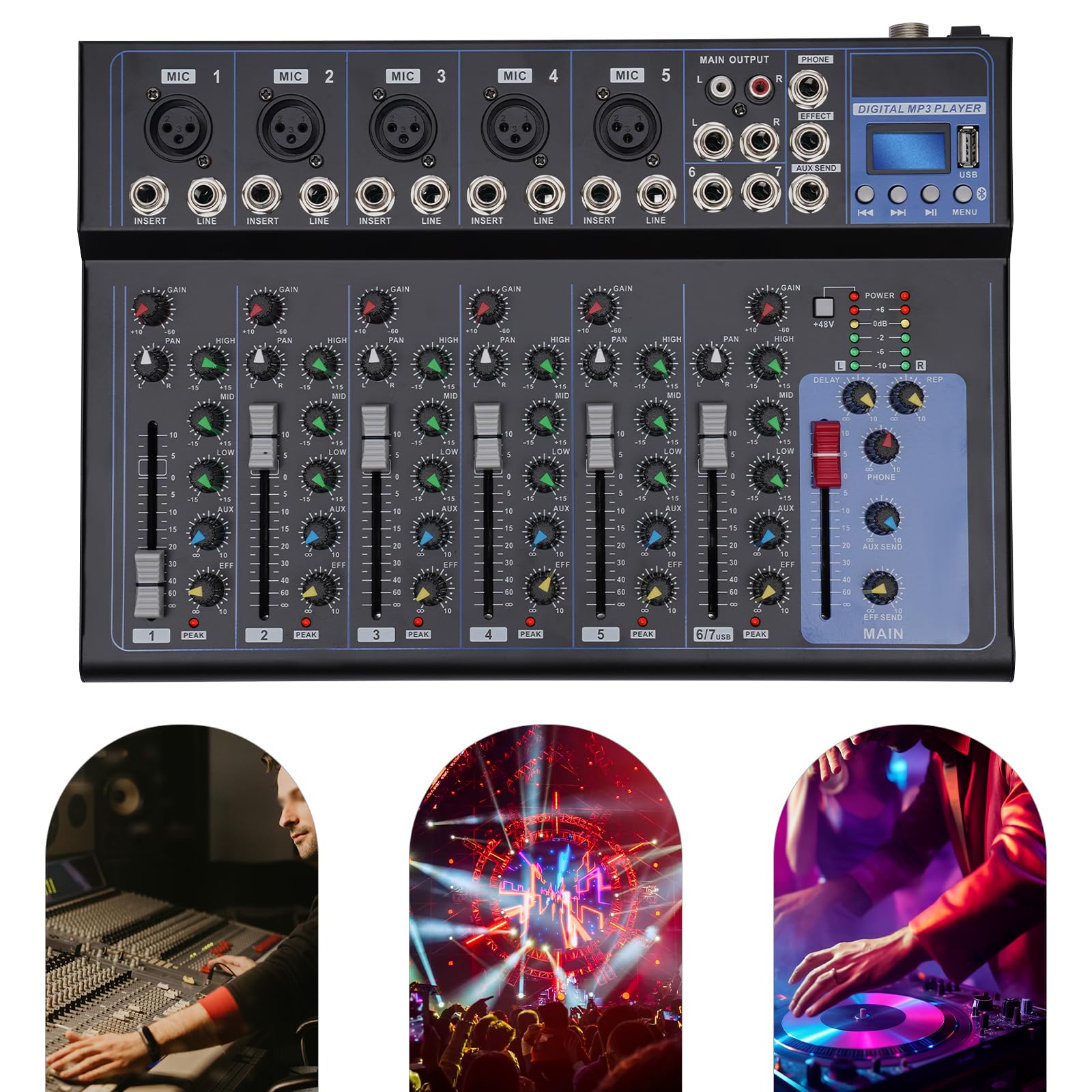 Consola de mezclas de audio de 7 canales, amplificador USB DJ Live Mixer Studio Bluetooth para reuniones familiares, karaoke, actividades de DJ, espectáculos de banda, actividades en campus, estudios