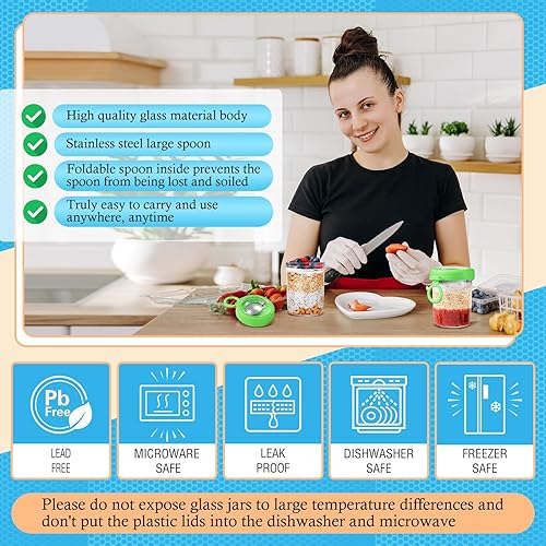 Miniatura 5 de RTWDKFQ Paquete de 2 recipientes de avena para la noche con tapas y cucharas, tarros de vidrio de 16 onzas, tarros de avena a prueba de fugas para