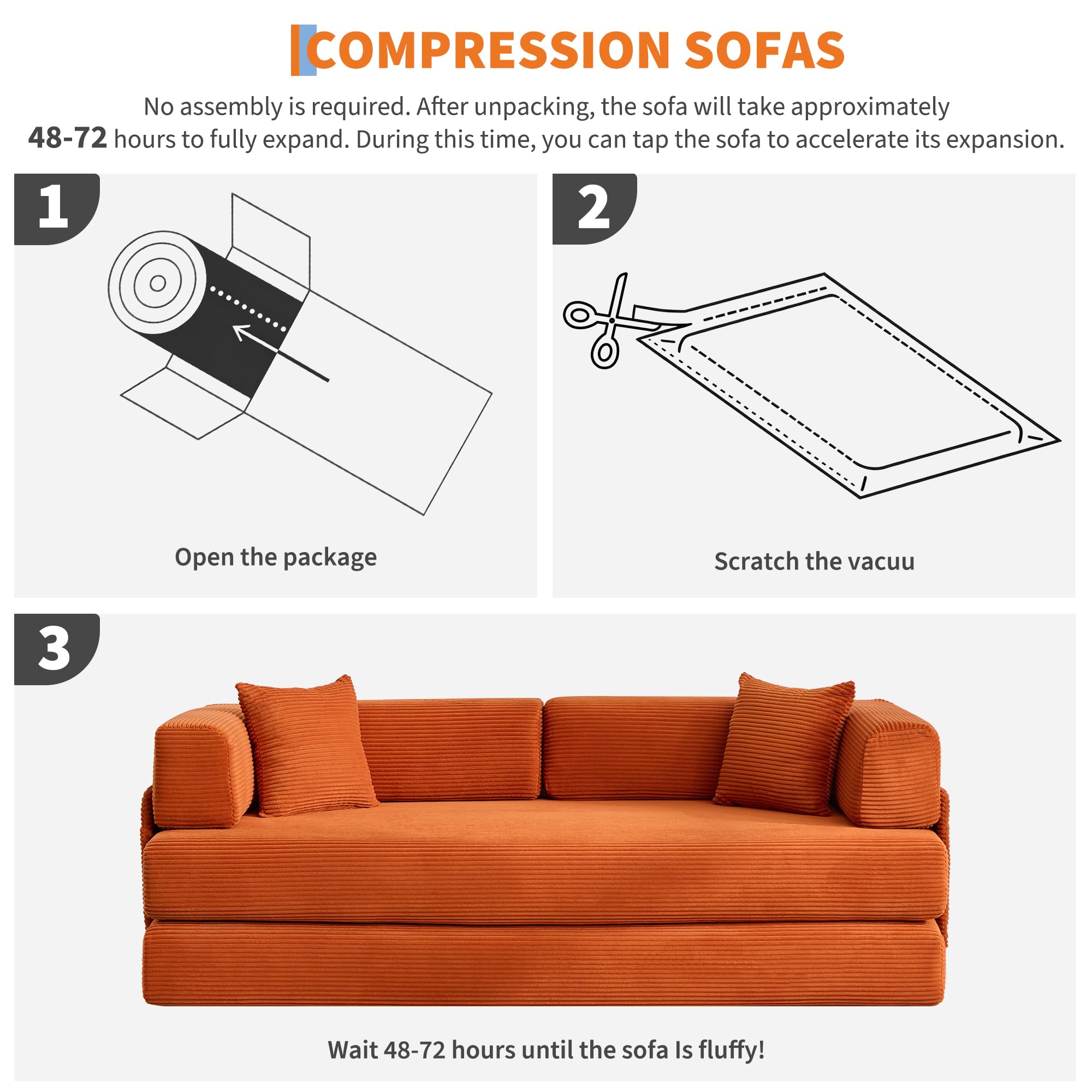 Garvee 5-in-1 Convertible Sofa Bed, 78.8" Modular Corduroy Sleeper with Sturdy Frame & No Assembly, Multi-Functional Futon for Small Space, Living Room & Guest Room (Green) (Orange)
