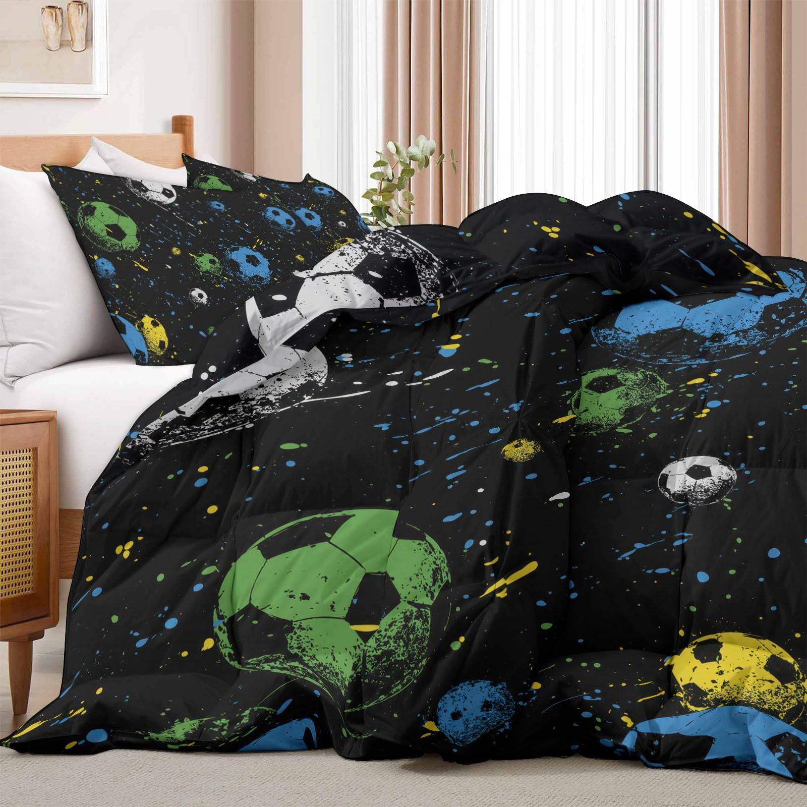 Piumino senza rivestimento sportivo con stelle di calcio, 135 x 200 cm, con federa da 80 x 80 cm, set da 3 pezzi per persone allergiche, 4 stagioni, caldo e morbido, lavabile, blu giallo
