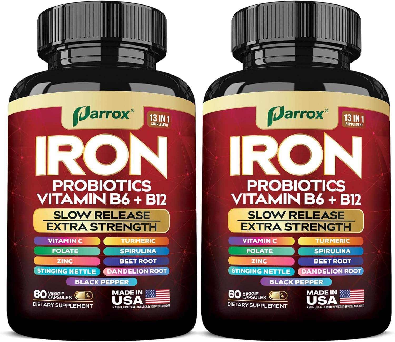 Iron Supplement, Slow Release Iron, Probiotics, Spirulina, Turmeric, Vitamin B6, Methylated B12, Vitamin C, Zinc, Beetroot, Nettle Leaf, Dandelion Root, Black Pepper, Extra Strength, 60 Capsules 2Pack