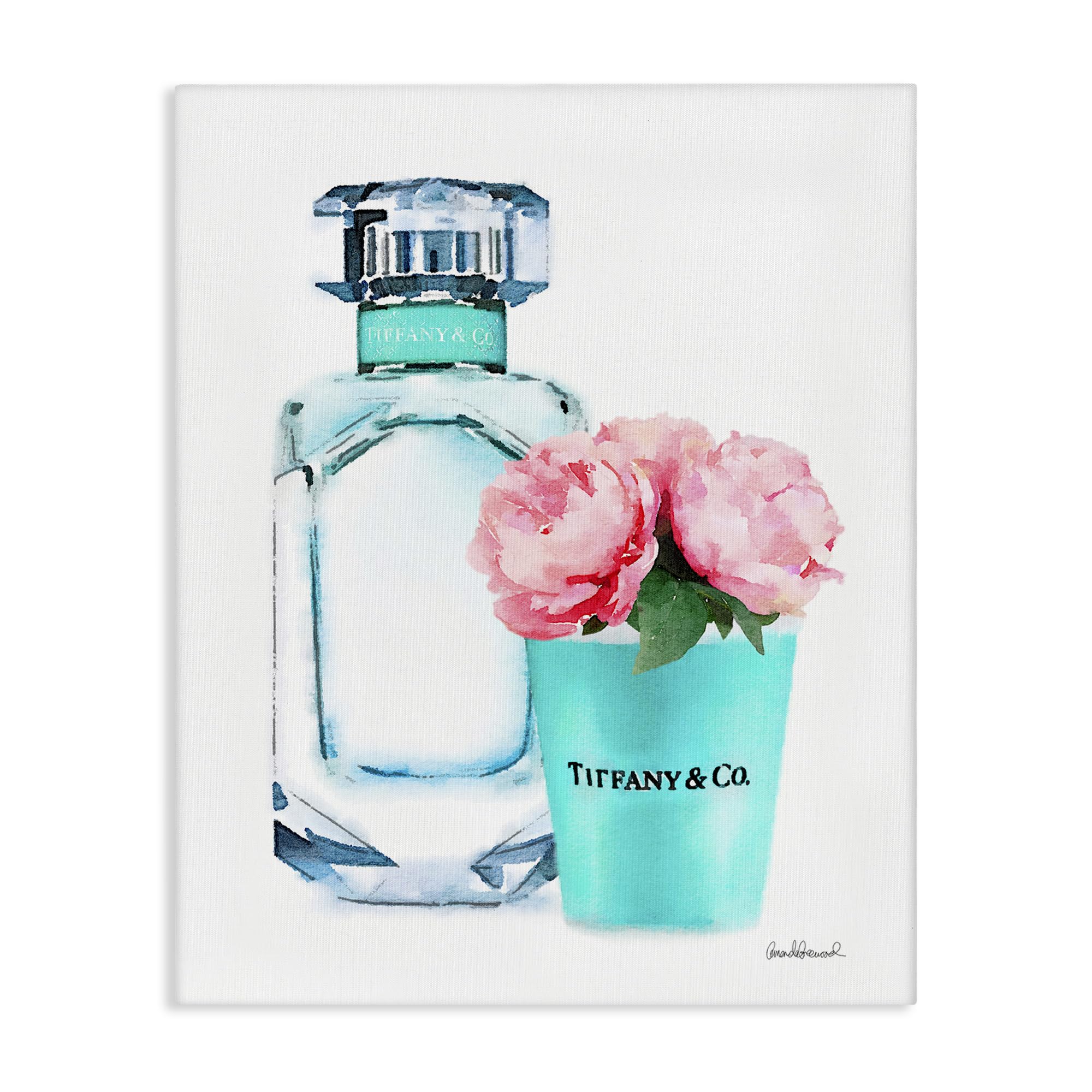 Teal Perfume Bottle Peonies Glam, 36 x 48 Inch Canvas Wall Art