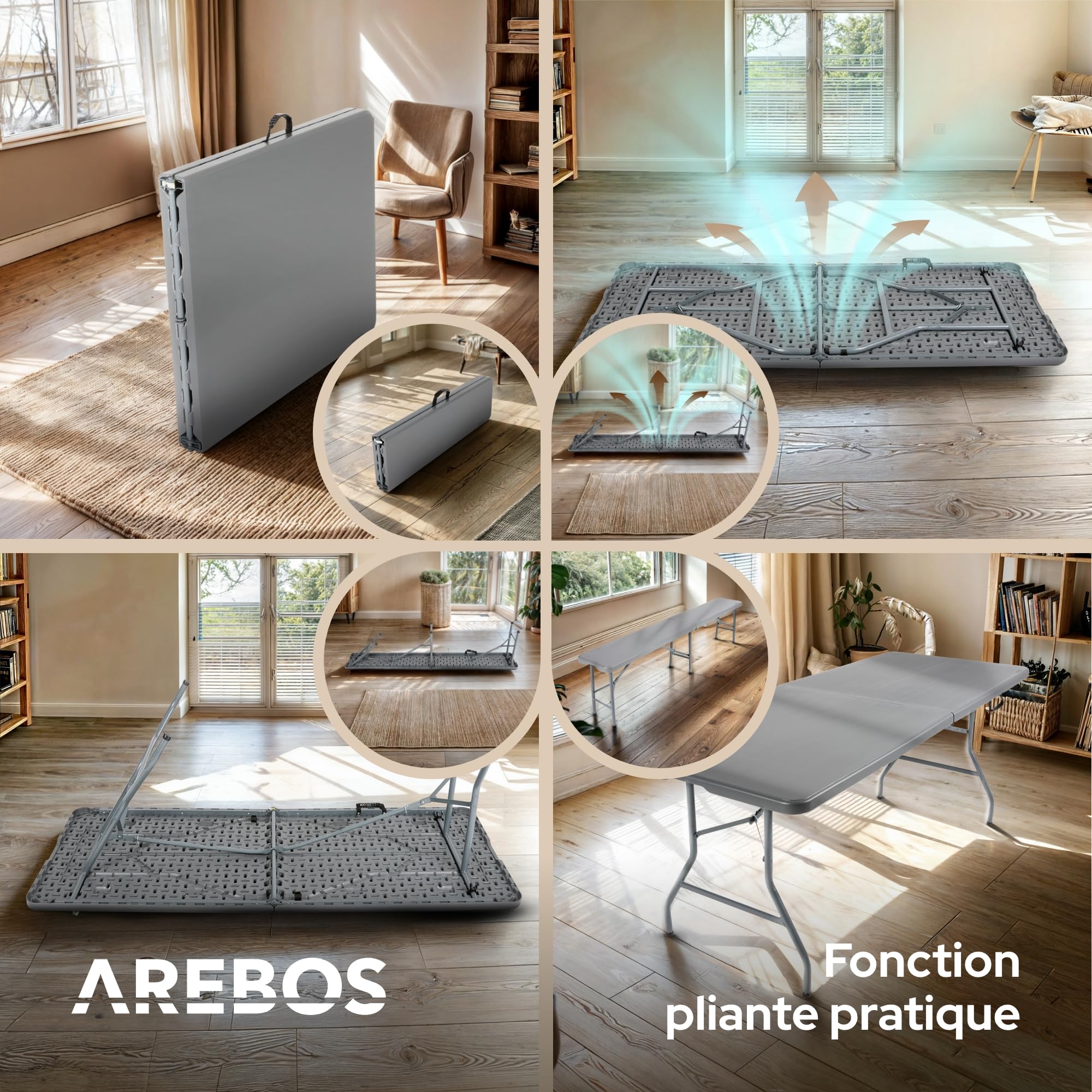 AREBOS Set de Tente à Bière 3 Pièces | Table + 2 Bancs Pliables avec Poignée | pour Intérieur et Extérieur | Table de Camping & Jardin | Couleur Anthracite