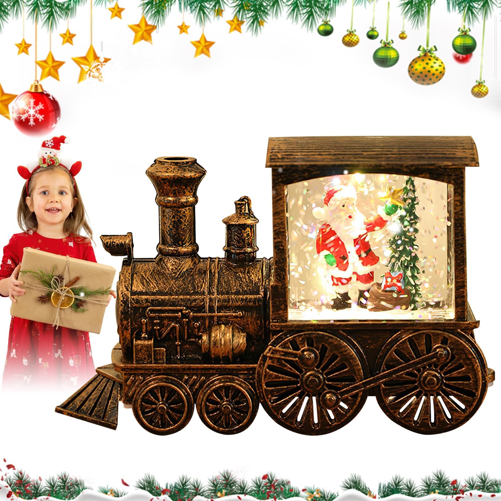 YAIUNHIQ Vintage Train Snowflake Light, Christmas Snow Globe Lantern