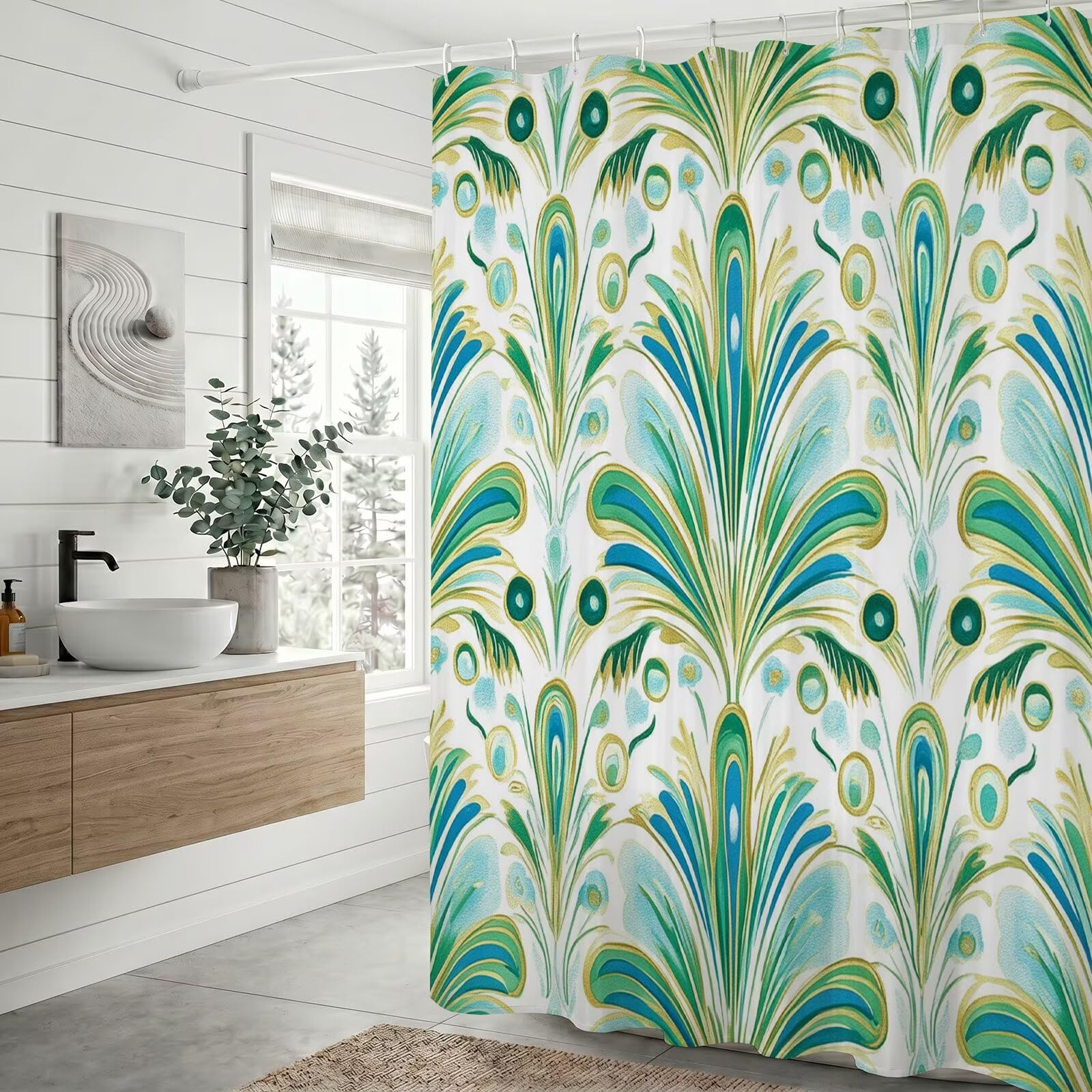 Rideau de douche 150x180 cm imperméable en tissu vert bohême