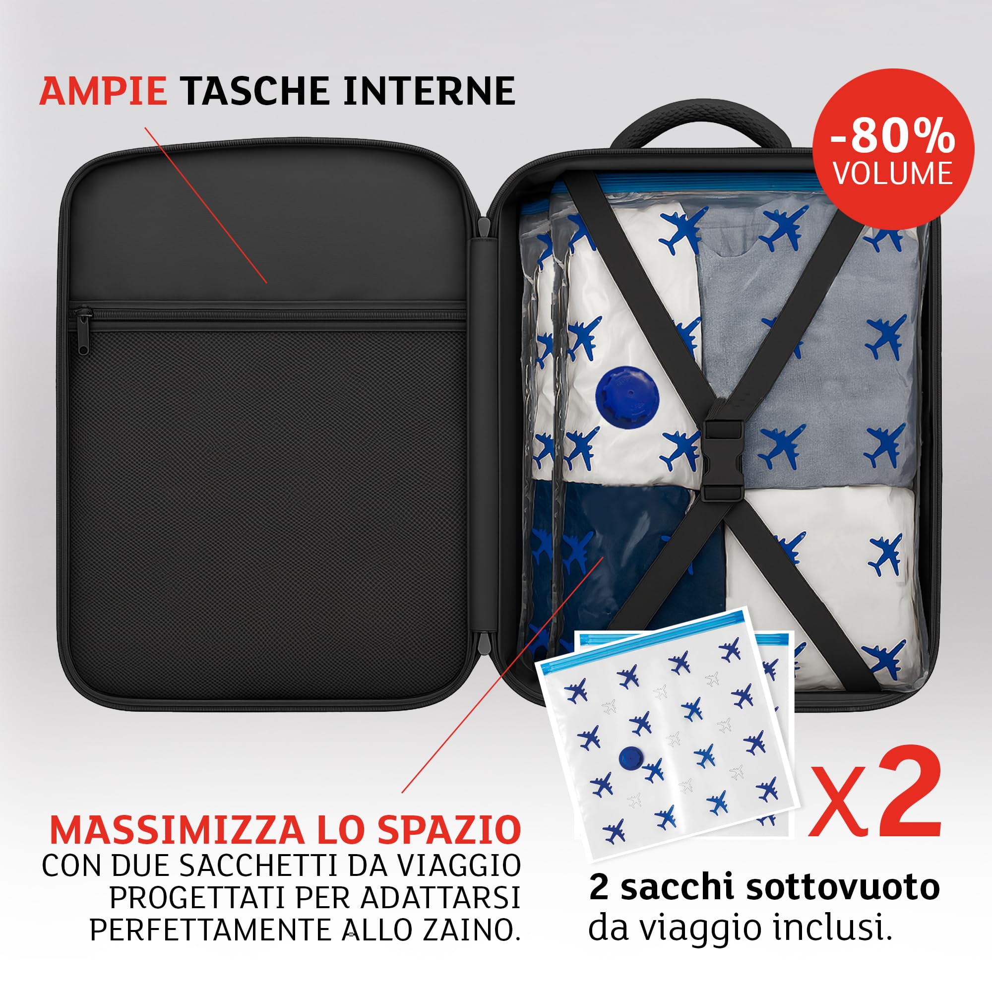 Lavatelli, Zaino Sottovuoto Ryanair 40x30x20 cm + Pompa Ricaricabile USB-C + 2 Sacchetti sotto vuoto Travel 40x45 cm| Vac-u-Bag, Bagaglio a Mano EasyJet Low Cost | Zaino Premium da Viaggio, Cabina