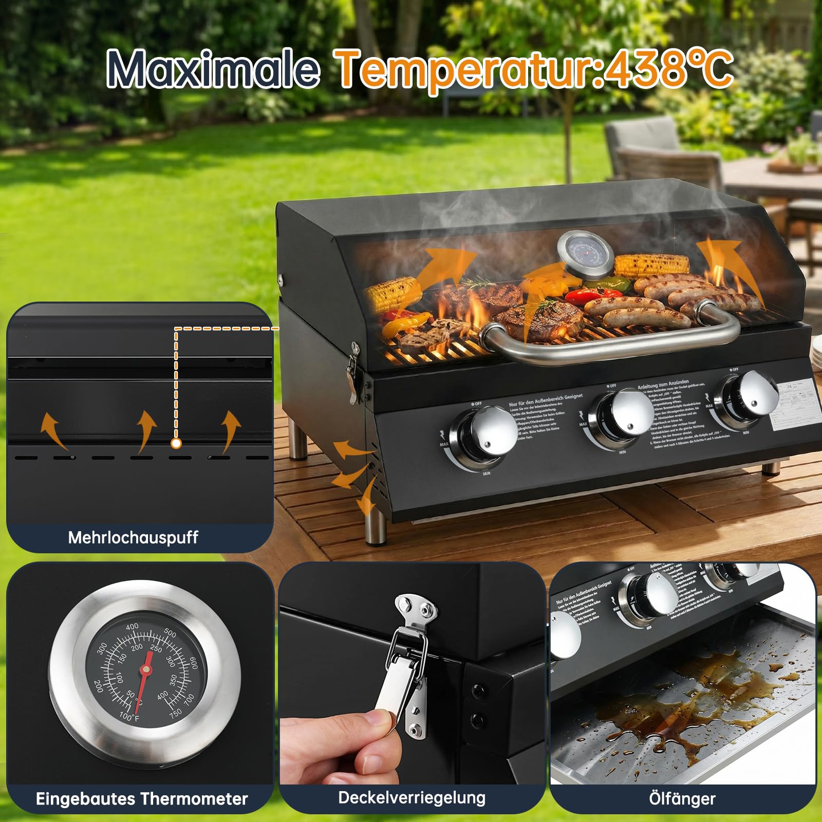 TLSUNNY 3 Brenner Gasgrill Klein, Kompakt Tischgasgrill mit Emaillierter Grillrost, Thermometer, Camping Gasgrill Tragbarer für BBQ, Balkon, Garten, 6.6kW, 60 x 33 cm Grillfläche, 4PCS Füße, Schwarz
