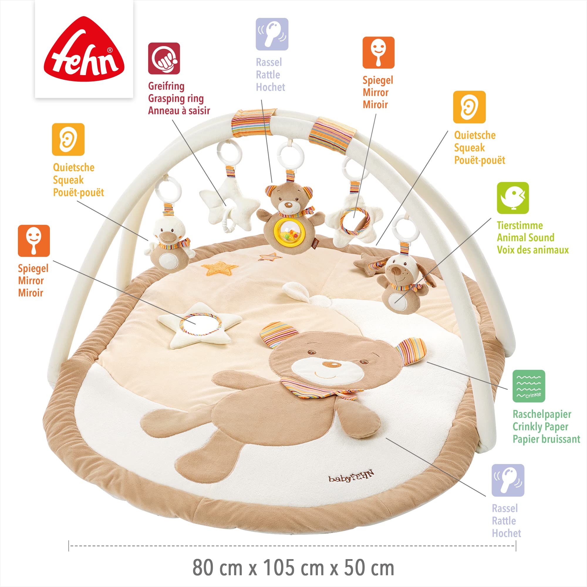 Fehn 3-D-Activity-Decke Spielbogen Rainbow – Baby Krabbeldecke mit 5 abnehmbaren Spielzeugen zum Greifen – Spieldecke für Babys und Kinder ab 0+ Monaten – Krabbelmatte als Geschenk zur Geburt