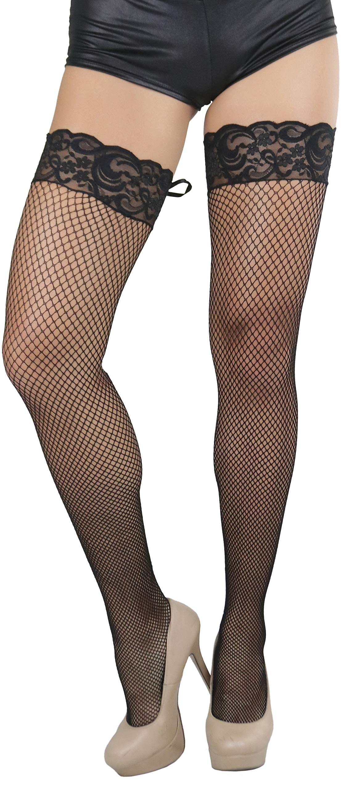 ToBeInStyle Women's Spandex Double Weaves Thigh Hi With Lace Up Lace Top: Fishnet - Black Lace Top