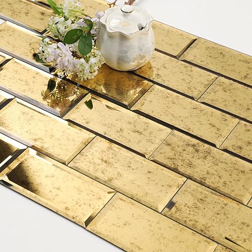 Vista 20 de Diflart Azulejo de espejo para despegar y pegar, azulejo de espejo biselado para cocina, baño, bar, pared decorativa (antiguo, 11.8 x 11.8 pulgadas)