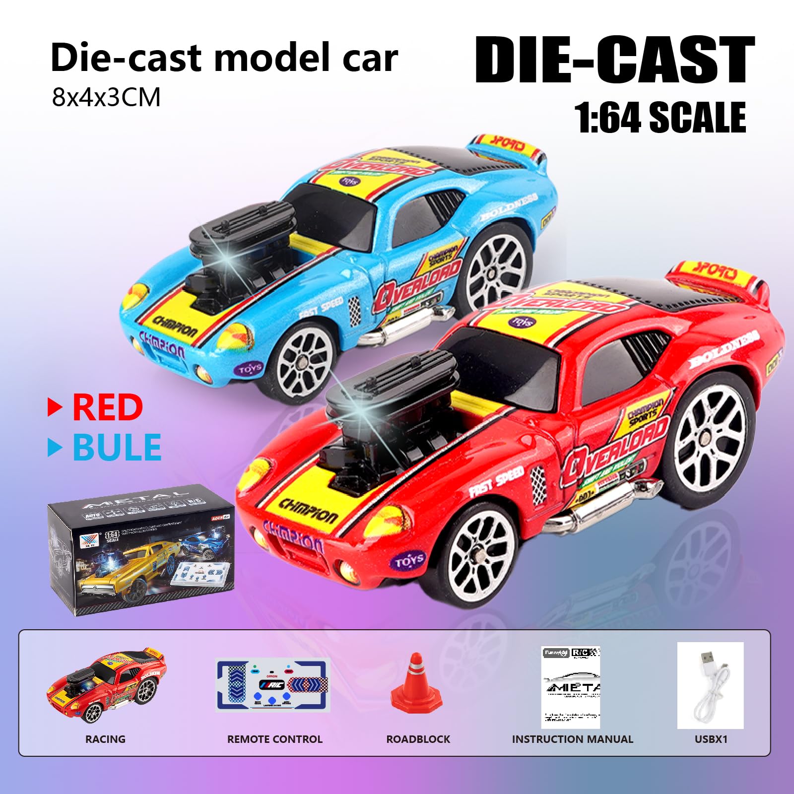 funnykid Mini Auto RC 1:64 – Auto Drift Telecomandata in Lega, 3 Velocità, Portata 30 m, Ricaricabile USB Type-C, Modulo 2.4GHz, Giochi con Coni – Regalo per Bambini Maschi e Femmine 6+