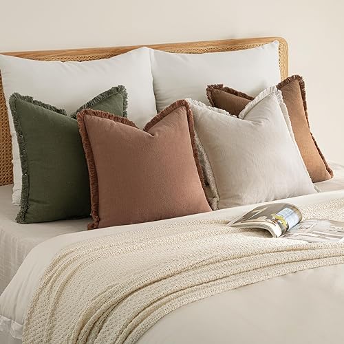 Miniatura 5 de MIULEE Juego de 4 fundas de almohada decorativas de otoño para sofá, de lino neutro, con flecos, suaves y rústicos, fundas de almohada bohemias para