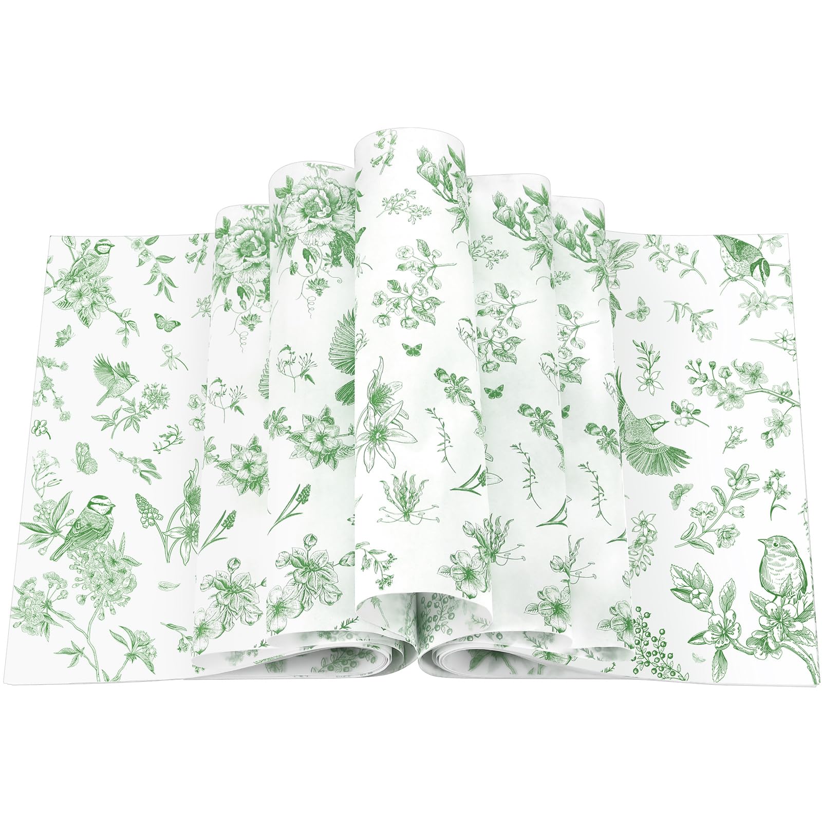 200 Pcs Floral Wax Paper Sheet for Food Chinoiserie Bird Deli Paper Waterproof Sandwich Wrapping Greaseproof Food Basket Liners for Picnic Party Kitchen Supply, 9.8 x 8.7inch (Floral,Green)