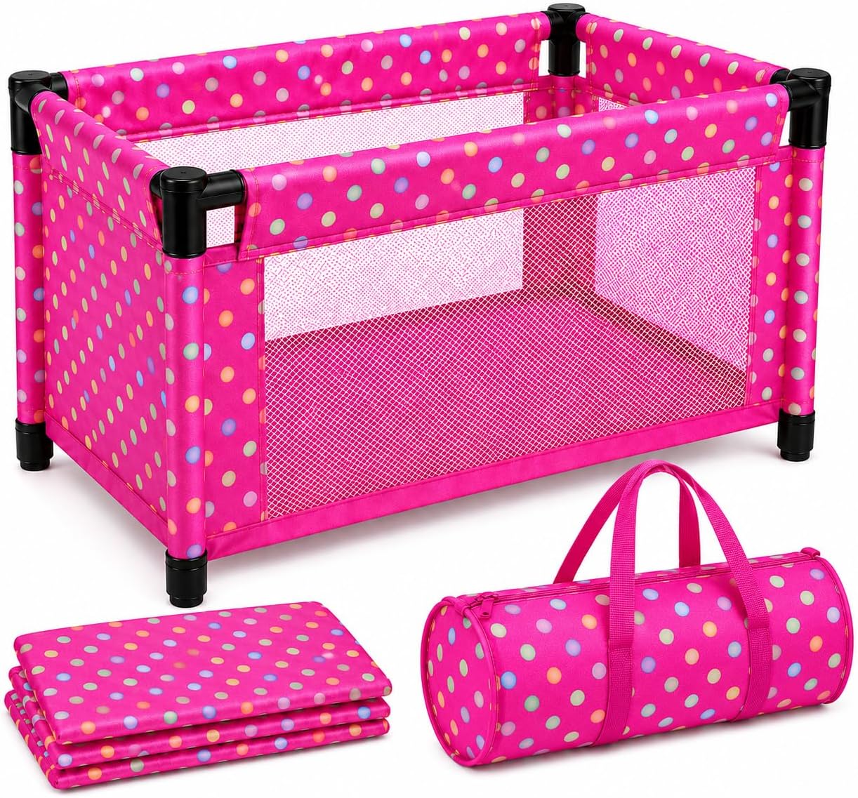 fash n kolor Doll Playpen & Crib โ 22" Pink Polka Dot Baby Doll Crib Foldable Baby Doll Play Yard with Mesh Sides โ Fits 18" Dolls, Pretend Nursery Accessory for Kids