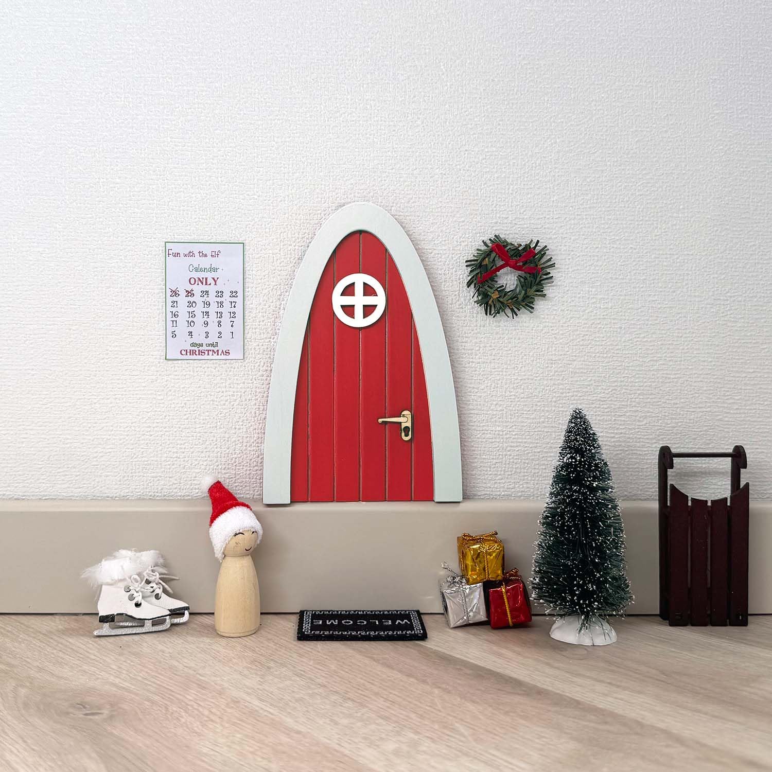 Christmas Elf Door Kit - Wooden Elf Door for Wall with Elf Accessories, Miniature Christmas Tree,Sled, Wreath, Calendar for 24 Days Ideas of Traditional Elf Activities Gifts