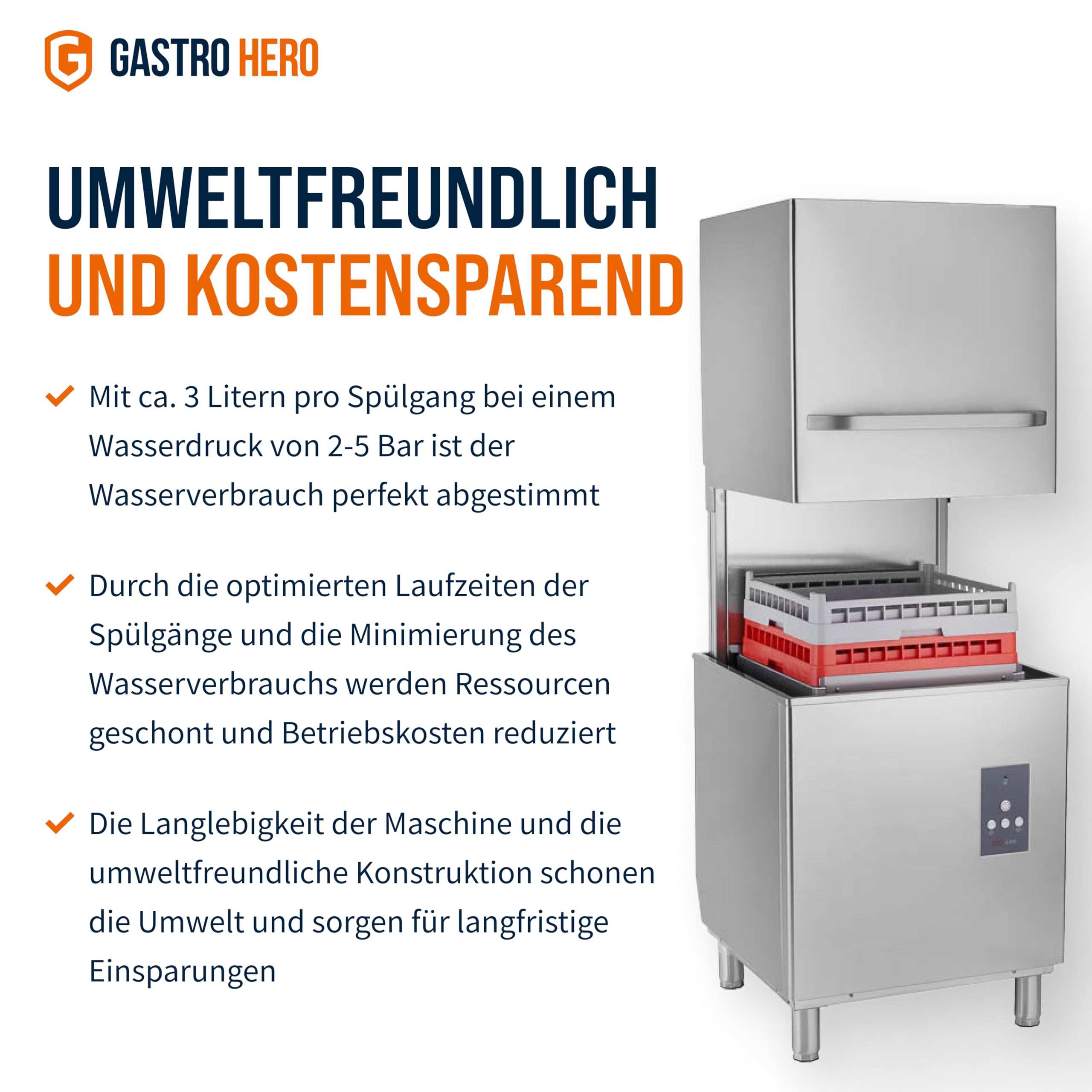 GastroHero Haubenspülmaschine Ecoline 54 SL 400 V, Haubenspülmaschine Gastro, Gastro Spülmaschine, Gastronomiebedarf, Energiesparend, Schnellzyklus, Ideal für professionelle Küchen, Hygienegarantie