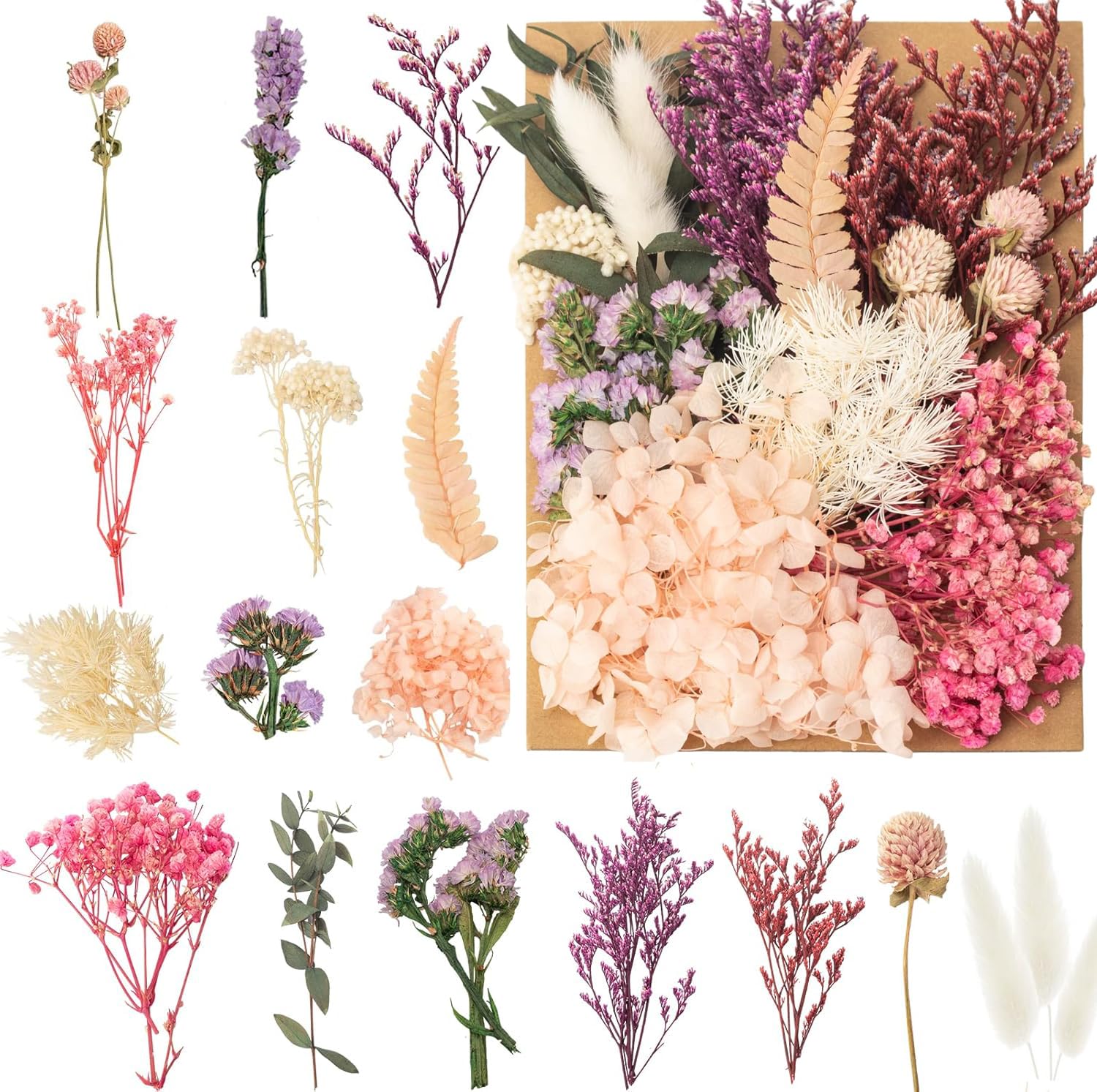 Natural Dried Flowers, Pressed Flowers Real Dried Pressed Flowers and Leaves Dried Flowers Set for Scrapbooking DIY Candle Resin Jewelry Crafts Card Making