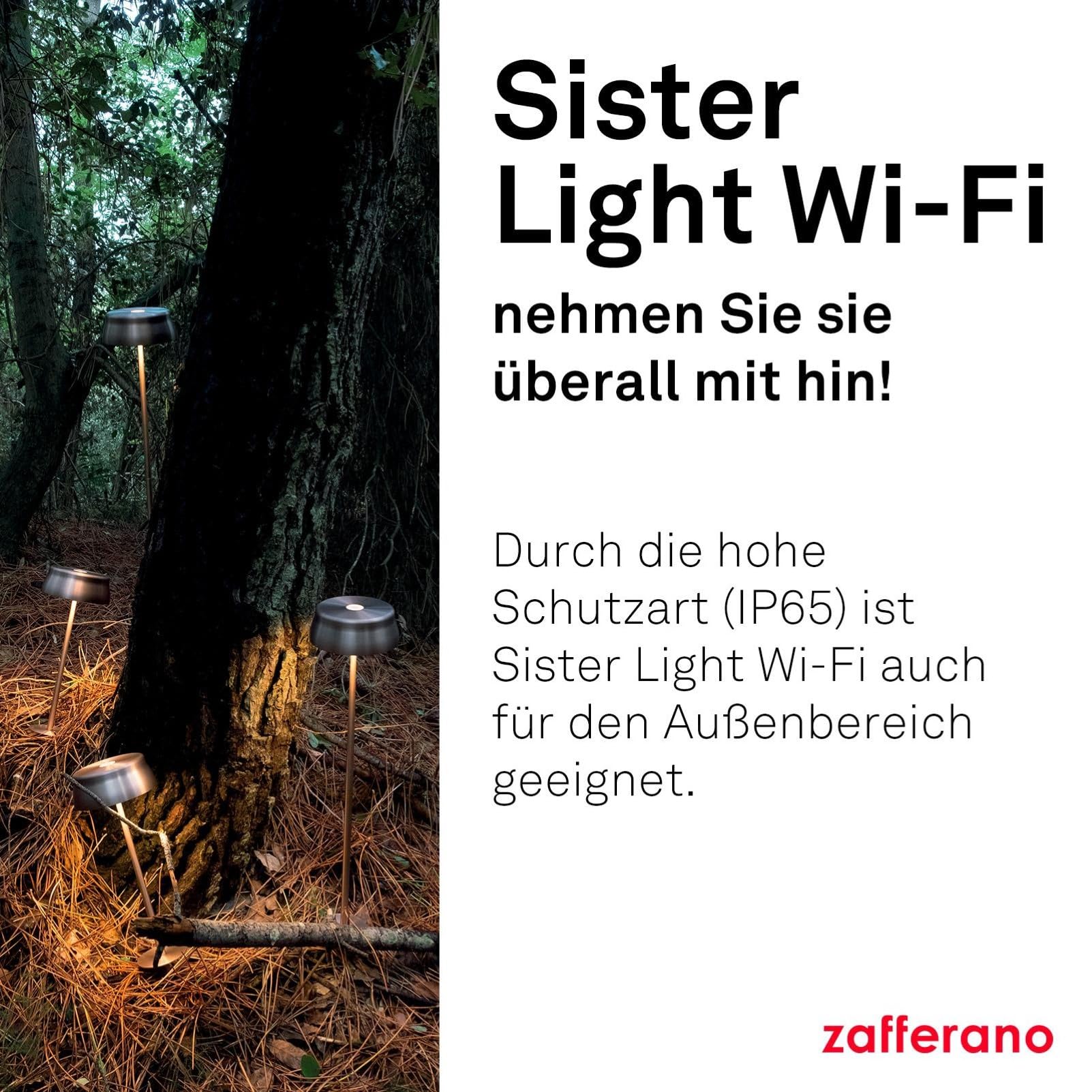 Zafferano, Sister Light Wi-Fi Lampe, Wiederaufladbare und Kabellose Tischlampe mit Fernbedienung, Geeignet für den Innen- und Außenbereich, Stufendimmer, 2200-4000 K, Höhe 32,8 cm, Farbe Gold
