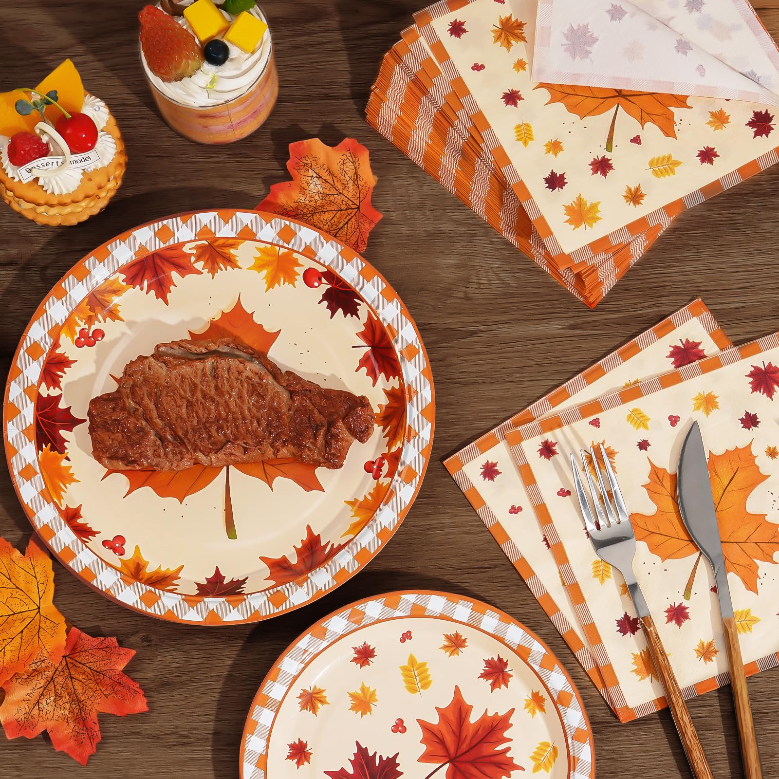 Homlouue 200pcs Thanksgiving Paper Plates and Napkins Sets with Fall Maple Leaf for Autumn Harvest Holiday, Disposable Party Supplies Includes 50 Dinner Plates 50 Dessert Plates 100 Napkins, 50 Guests