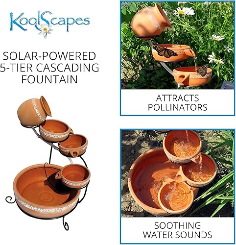 Miniatura 4 de Koolscapes Fuente en cascada de 5 niveles con energía solar, macetas de arcilla de terracota, función de agua autónoma, fuente de bajo mantenimiento