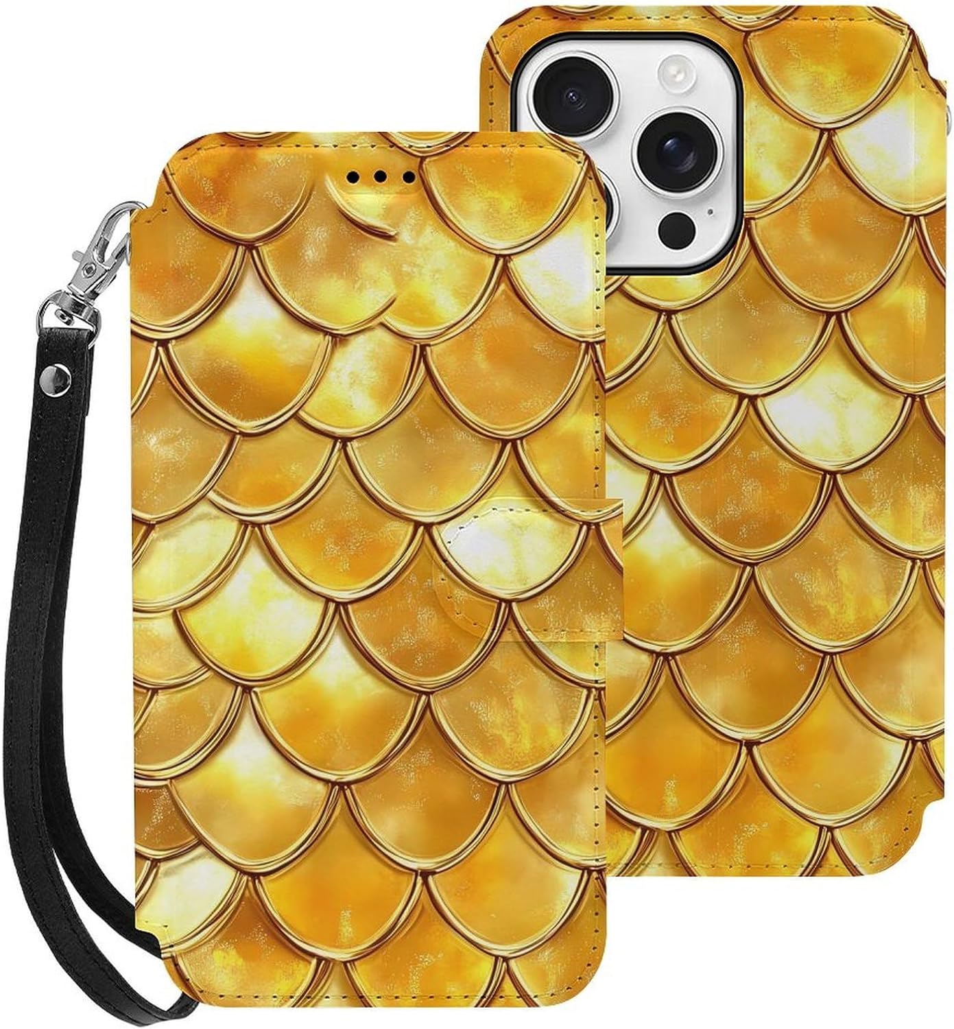 Golden Shiny Dragon Scale Compatible with iPhone 16/16 Plus/16 Pro/16 Pro Max/16 E Case Phone Wallet Card Holder Flip Cover with Wrist Strap