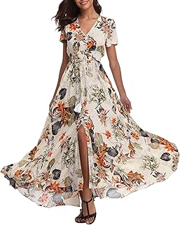 Women's Floral Maxi Dresses Casual Long Summer Boho Beach Dress Short Sleeve Button Up Split Party Dress - Buy now