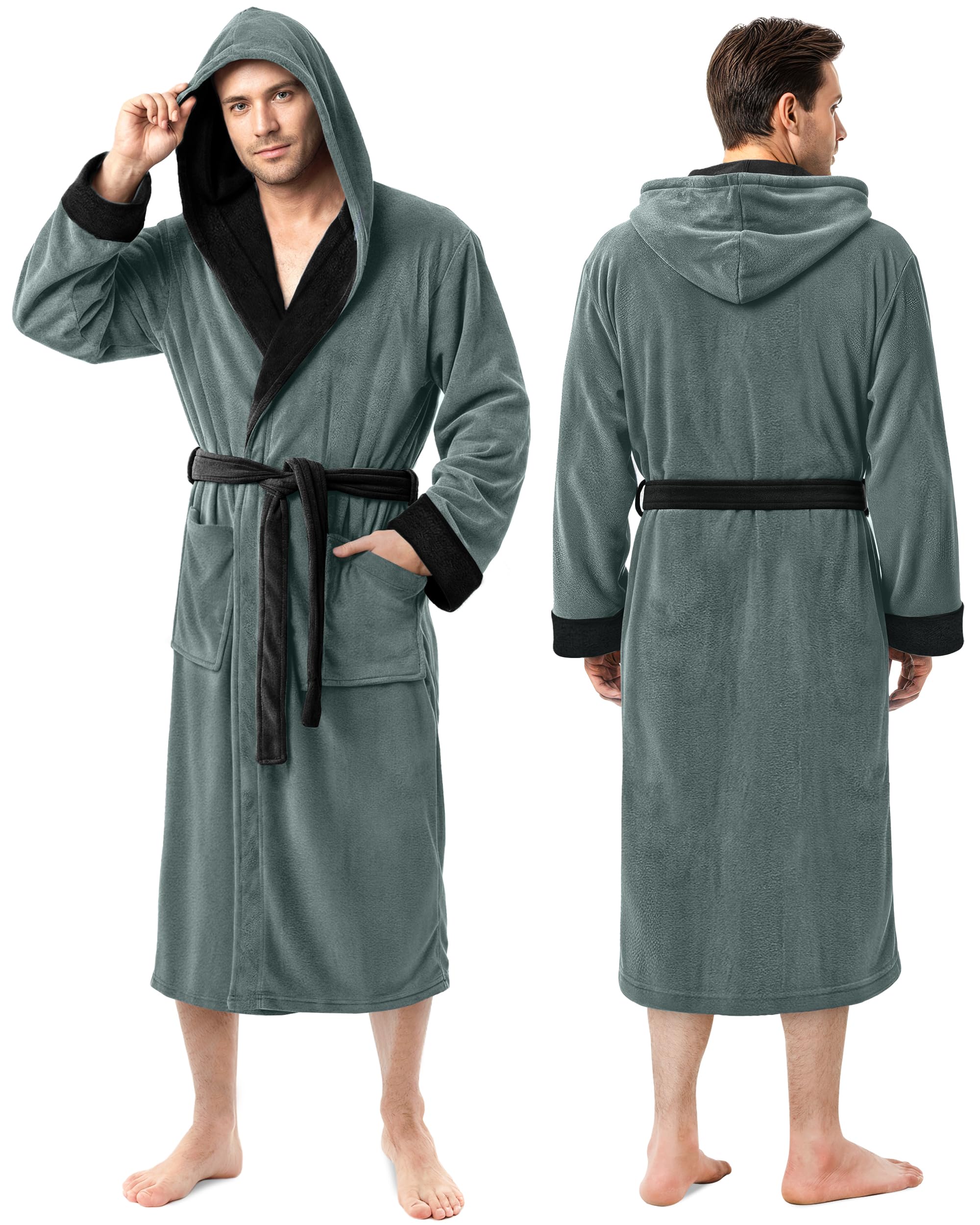 NY Threads Mens Robe with Hood, Luxury Plush Fleece Hooded Mens Bathrobe, Spa Bath Robe for Men, Large/X-Large, Steel Grey and Black