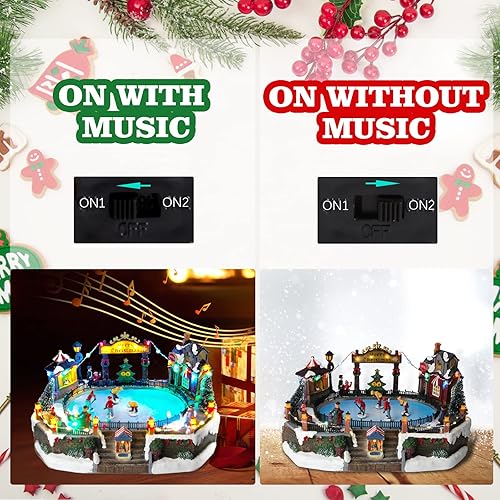 Miniatura 10 de TOYESUNA Decoración de edificios coleccionables de Navidad, figuras musicales de pueblo navideño, globo de nieve con tren giratorio, 8 música, Aldea