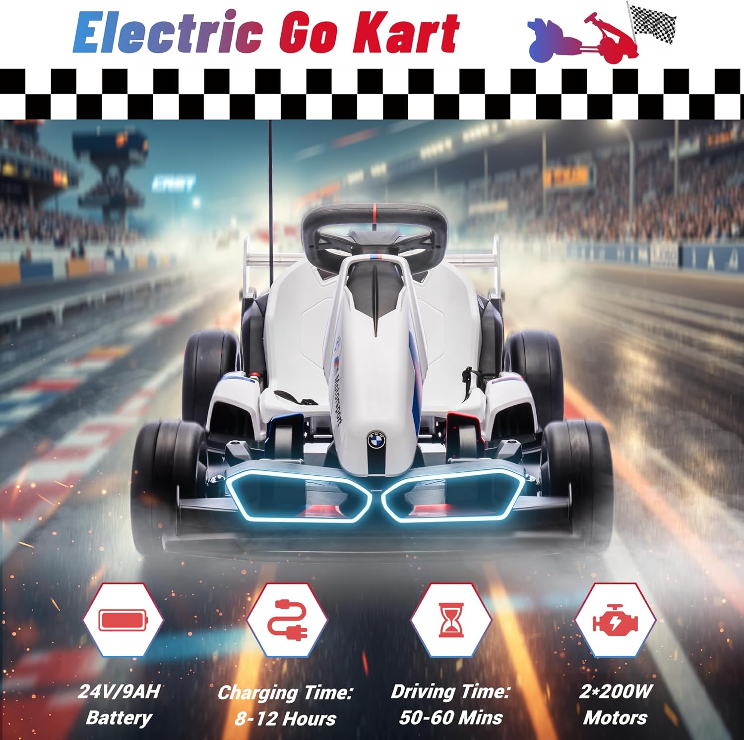 Infographic showing 24V/9AH Battery, 8-12 Hours Charging Time, 50-60 Mins Driving Time, and 2x200W Motors.