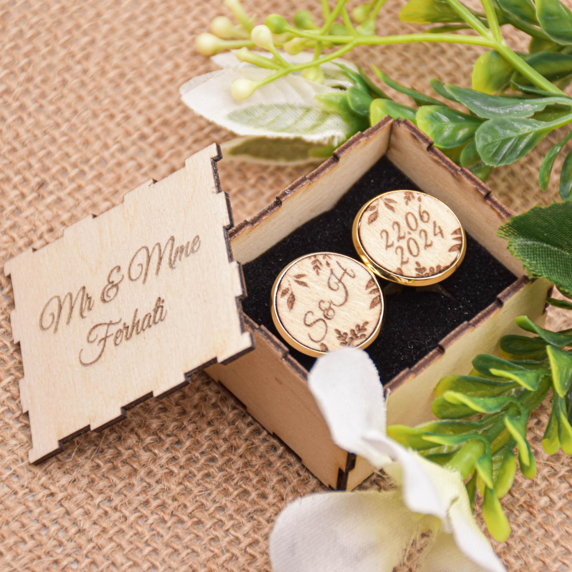 Boutons de chemises personnalisés en bois de peuplier et acier inoxydable argenté ou doré, assortis ou asymétriques, mariage champêtre, floral, feuilles, boutons de manchette