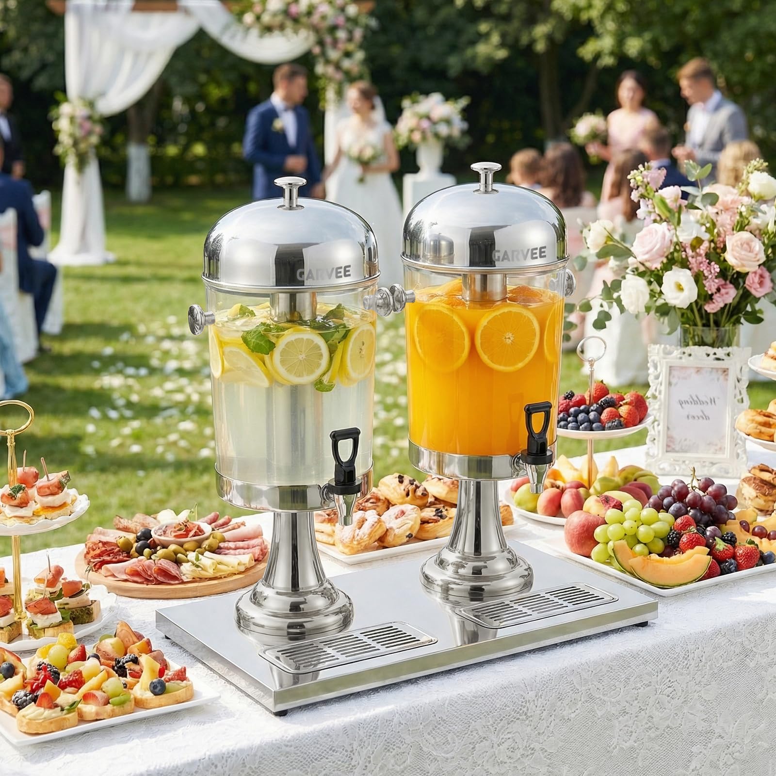 Dispensador de bebidas con núcleo de refrigeración de acero inoxidable, 2 x 8 l, con recipiente transparente de PC y bandeja de goteo, ideal para fiestas, buffet y catering, bebidas calientes y frías